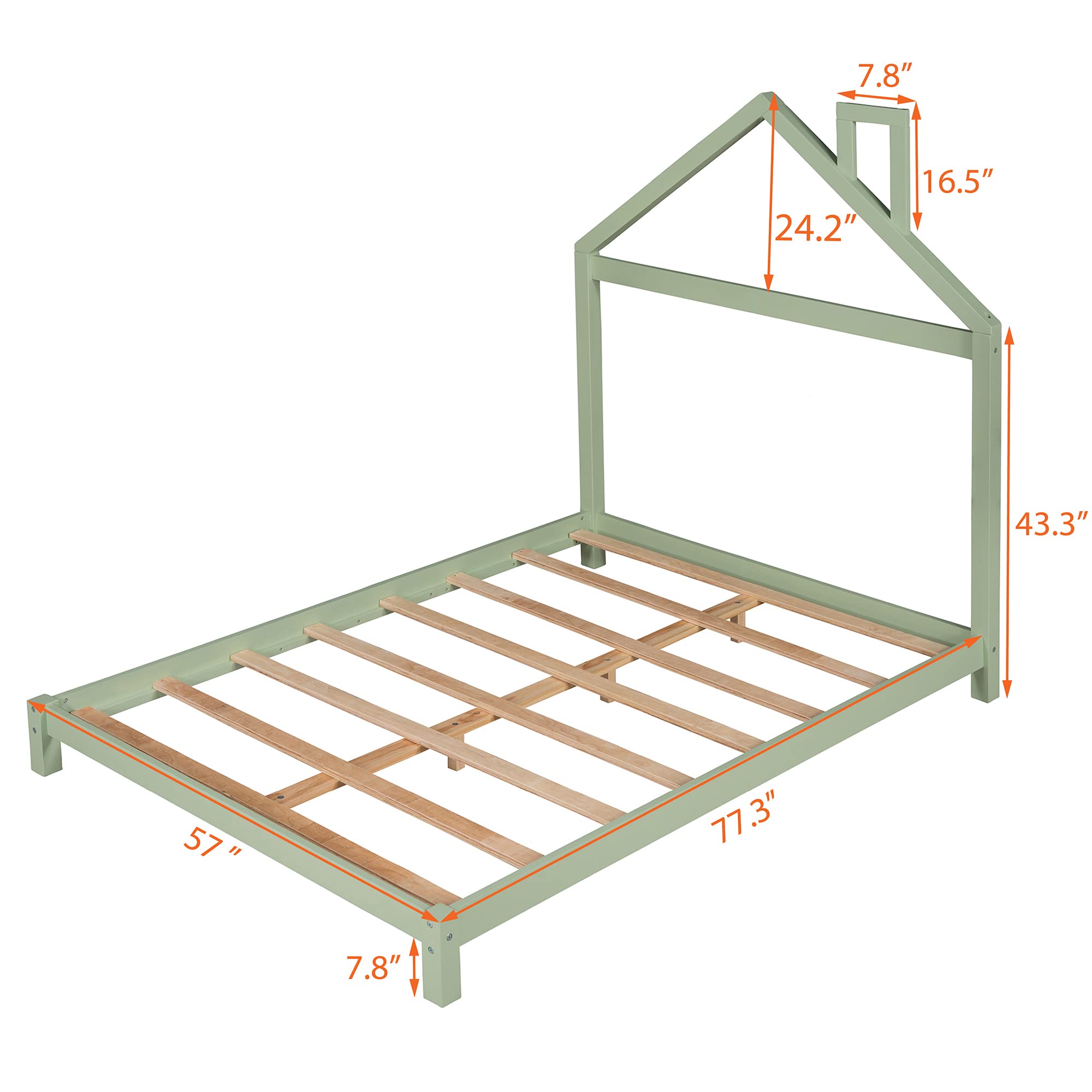 **Full Size Wooden Platform Bed Frame with House-Shaped Headboard - No Box Spring Needed, Sturdy & Modern Design - Perfect for Bedrooms, Guest Rooms & Small Spaces (Green)**