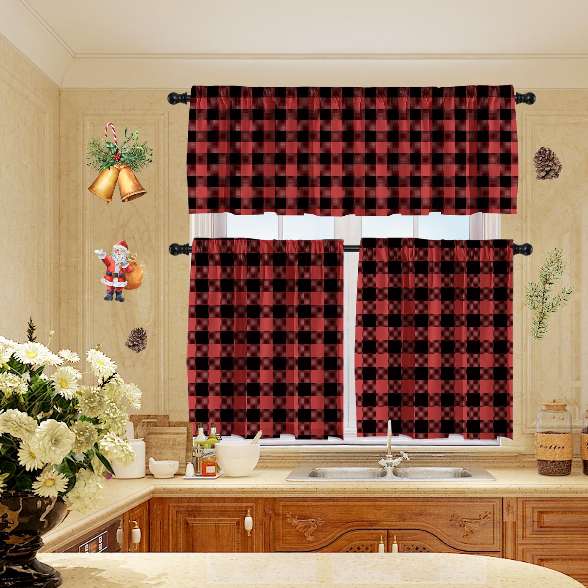 Black and Red Buffalo Check Window Curtain Set with Tiers & Valances - Farmhouse Kitchen Rod Pocket Window Treatments for Rustic Home Decor | Perfect for Country Style Kitchens, Dining Rooms & Cozy Farmhouse Interiors