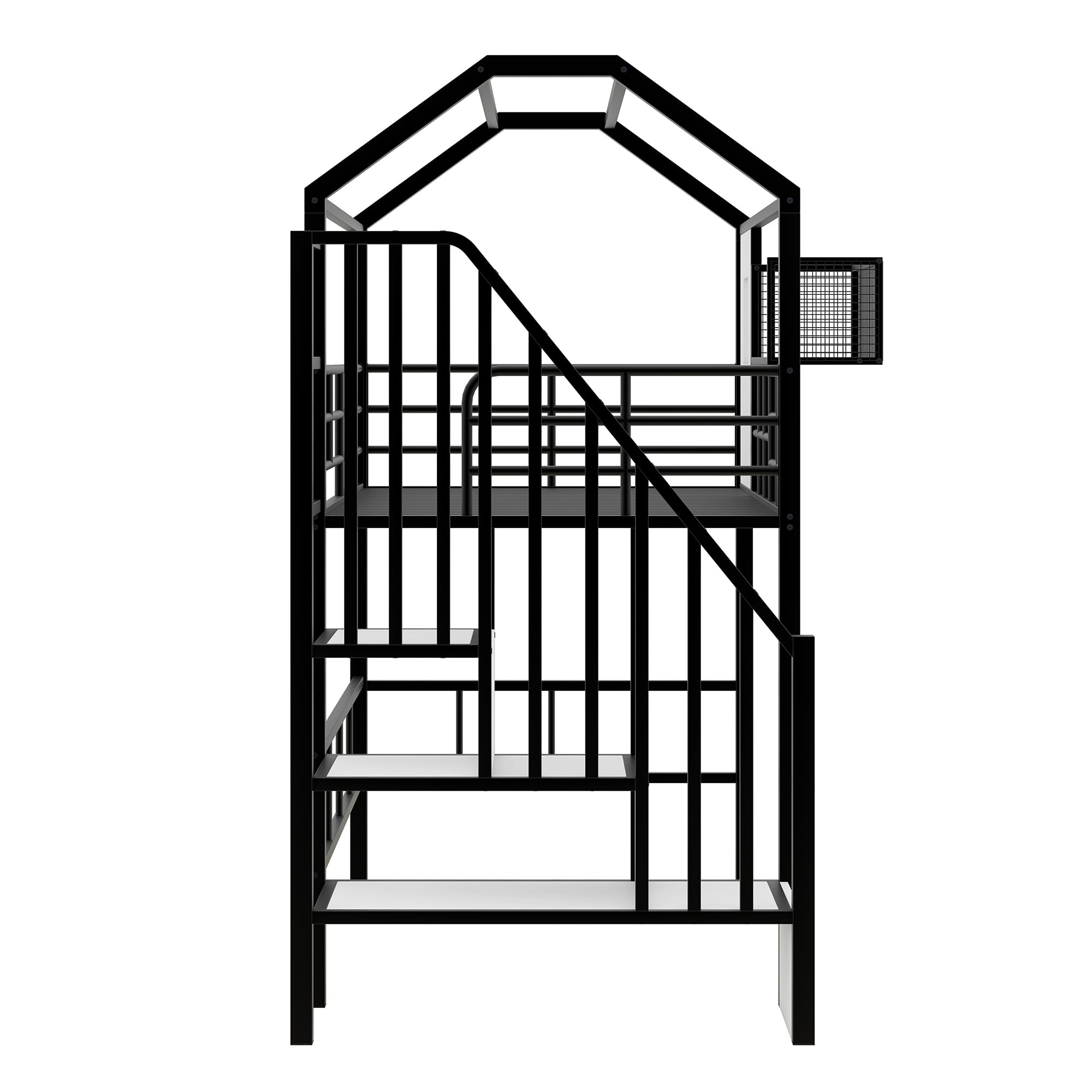 BOVZA Twin Size Metal Loft Bed with Stairs, Roof & Storage Box - Safe Kids Low Bunk Bed Frame with Guardrails for Boys & Teens - Black & White - Perfect for Small Bedrooms, Dorm Rooms & Kids' Play Areas