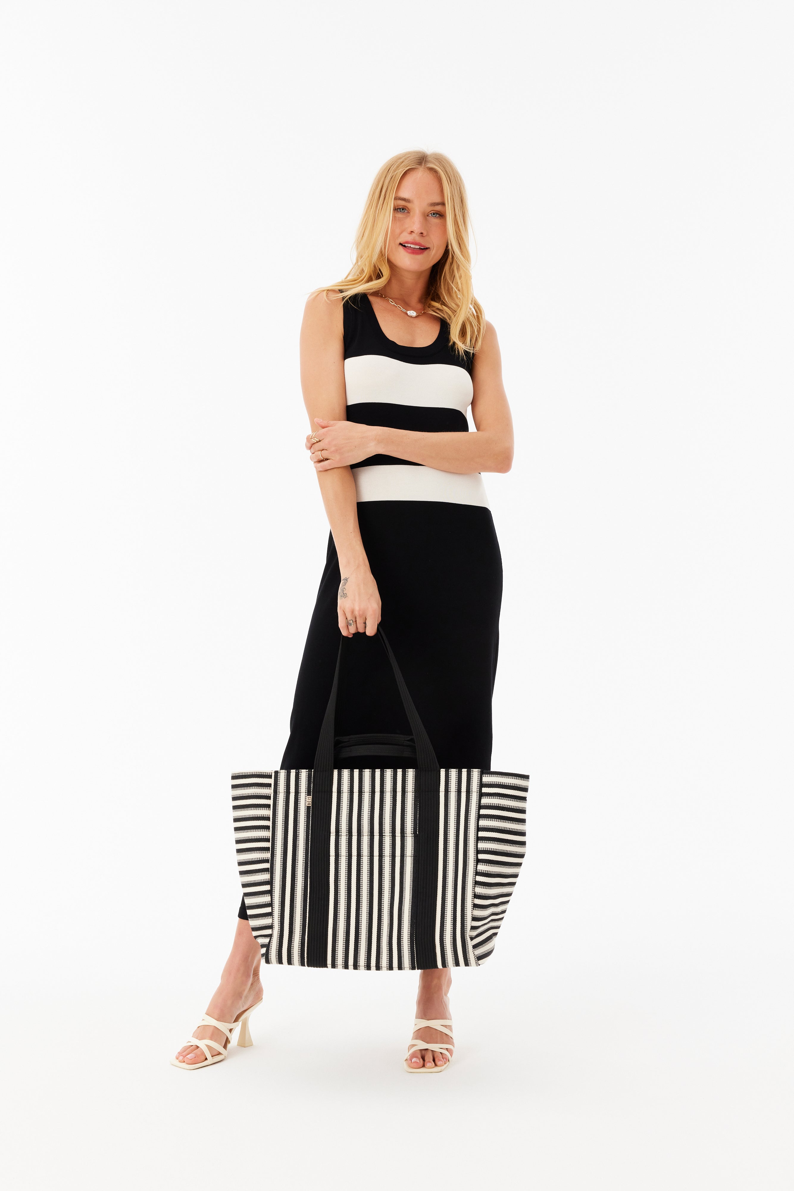 Vacation Tote Bag - Black & White Striped Beach Tote for Women, Perfect for Travel, Pool, Beach & Shopping | Lightweight & Spacious Carryall