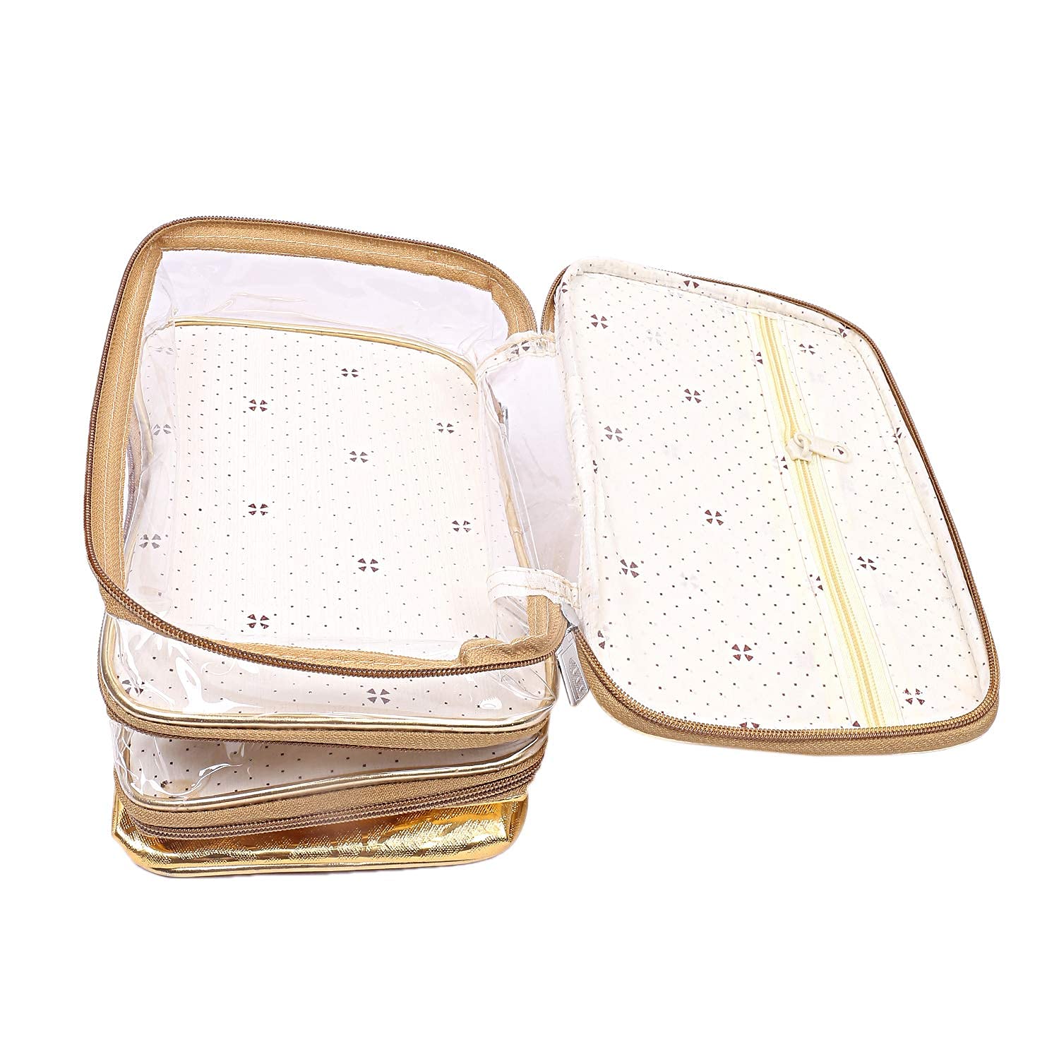 Kuber Industries 3 Layer Clear Makeup Bag - Large Cosmetic Organizer & Travel Toiletry Bag for Women & Girls (Gold) | Perfect for Travel, Gym, and Daily Beauty Storage