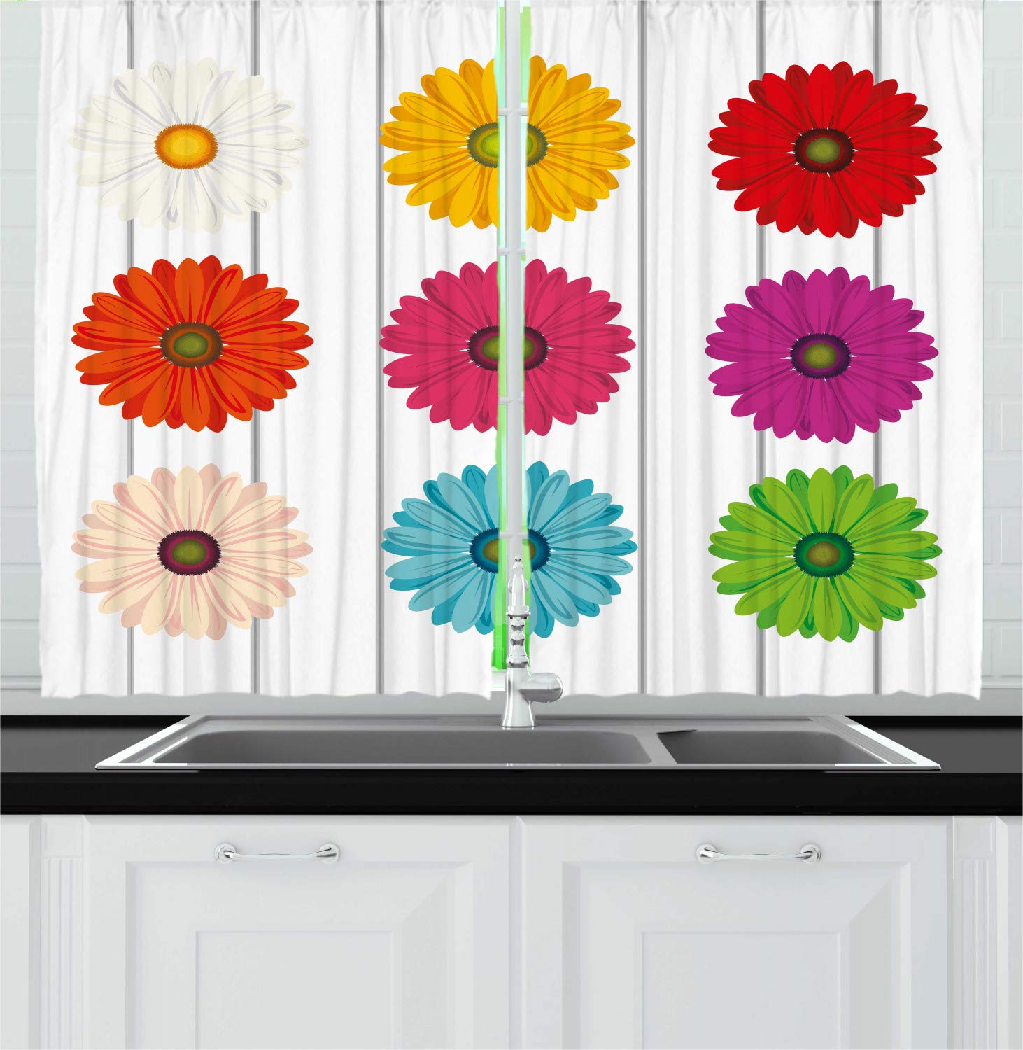 Ambesonne Gerbera Flower Kitchen Curtains - Colorful Floral Striped Print Window Drapes, 2 Panel Set for Kitchen & Cafe Decor, 55