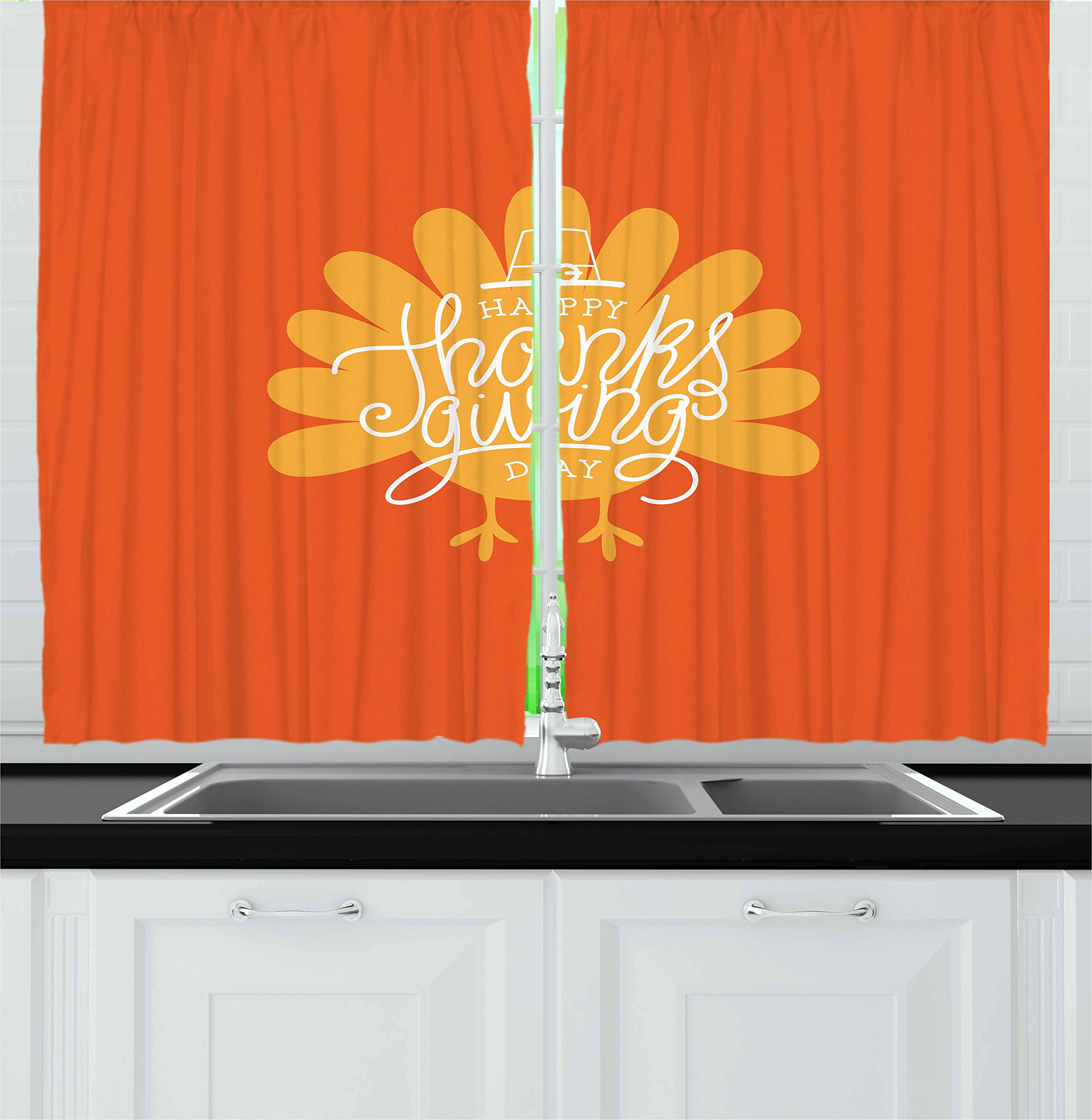 Ambesonne Thanksgiving Kitchen Curtains Set of 2 - Turkey Silhouette Autumn Theme Window Drapes for Kitchen & Cafe Decor, 55 x 39 Inches, Orange Mustard White - Perfect for Holiday Home Decor, Thanksgiving Parties & Seasonal Window Treatments