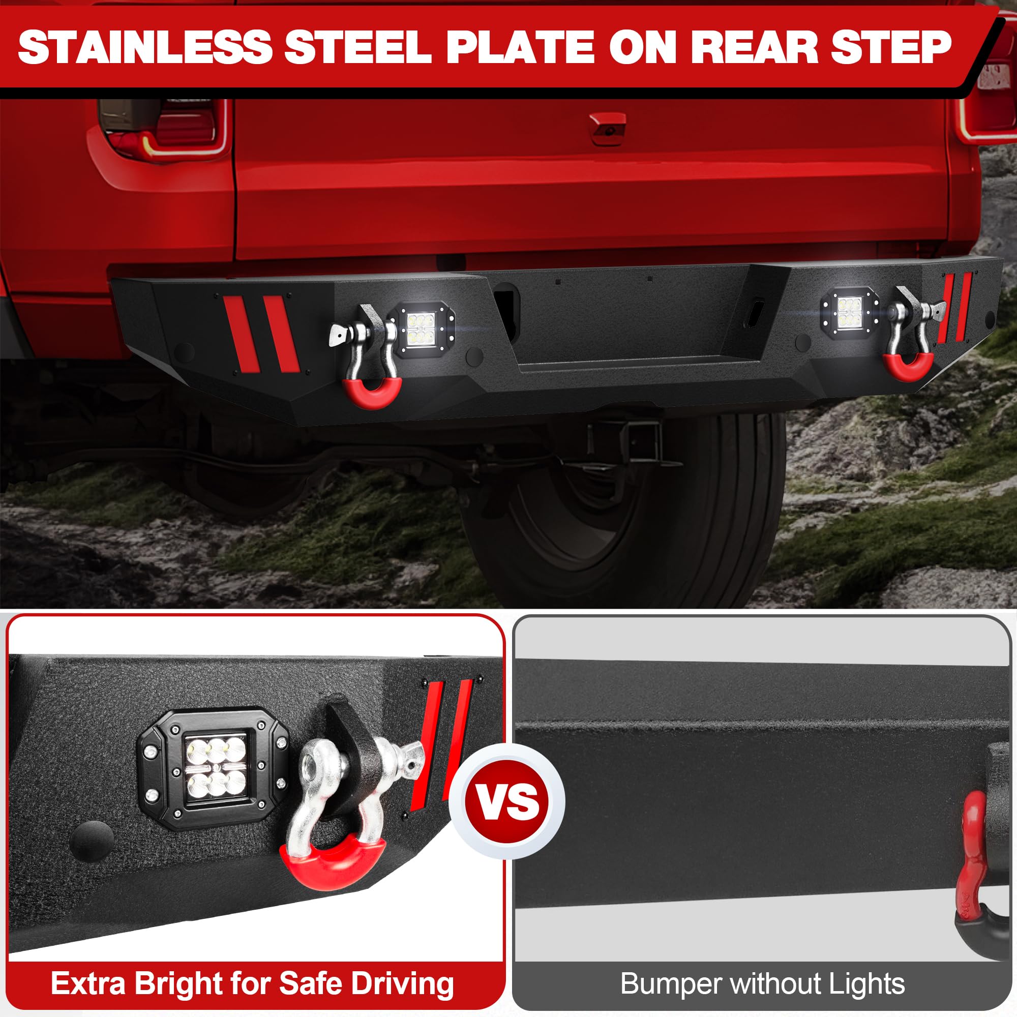 Jeep Gladiator JT Rear Bumper (2020-2024) - Textured Black Truck Bumper with Step Plate, LED Lights, Sensor Holes & D-Rings | Heavy Duty Off-Road Protection for Jeep Pickup | Perfect for Trail Riding, Overlanding & Daily Driving
