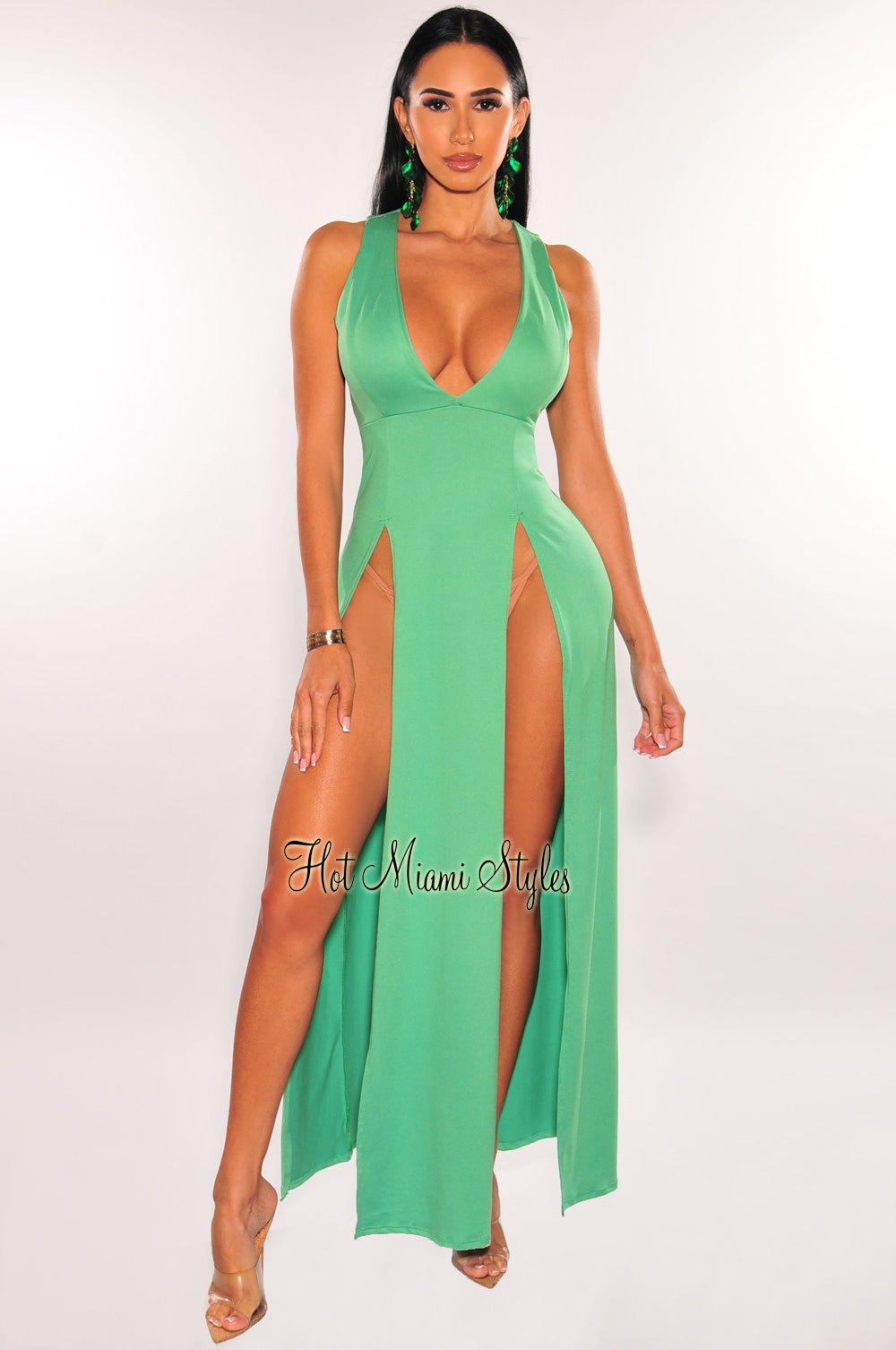 Green Sleeveless V-Neck Double Slit Cover Up Maxi Dress for Women - Beach Wedding Party Summer Vacation Outfit