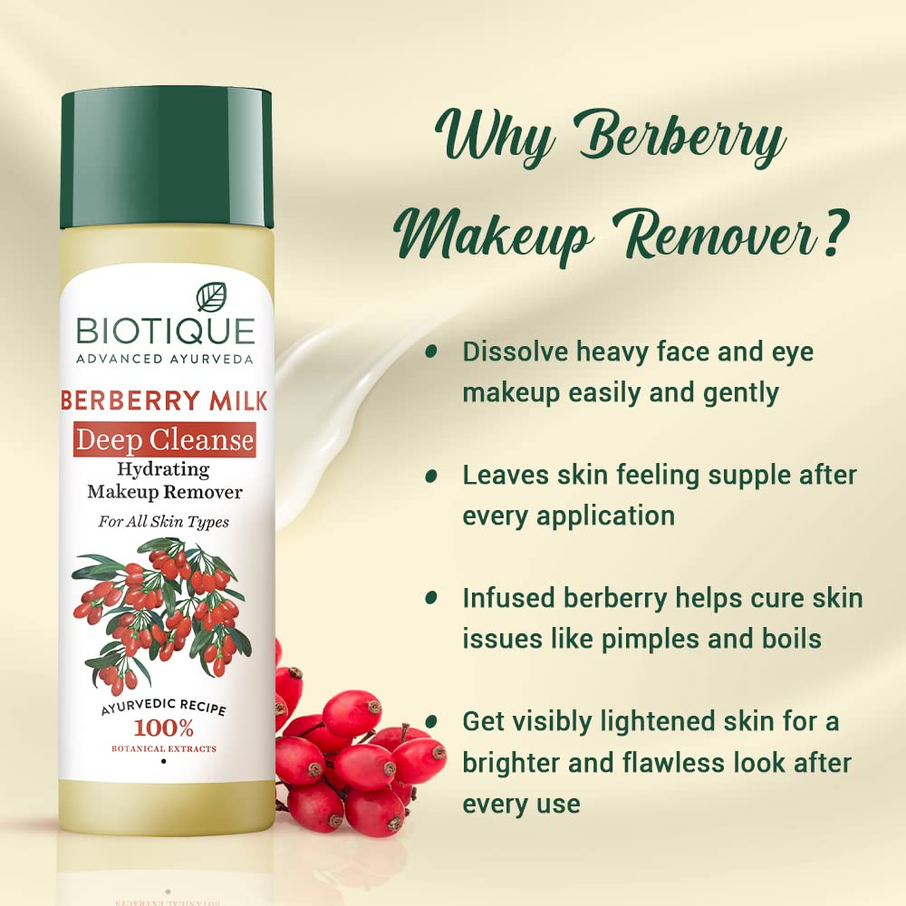Biotique Berberry Milk Deep Cleanse Hydrating Makeup Remover for All Skin Types - 120ml | Gentle Facial Cleanser for Daily Use, Travel-Friendly Skincare Essential