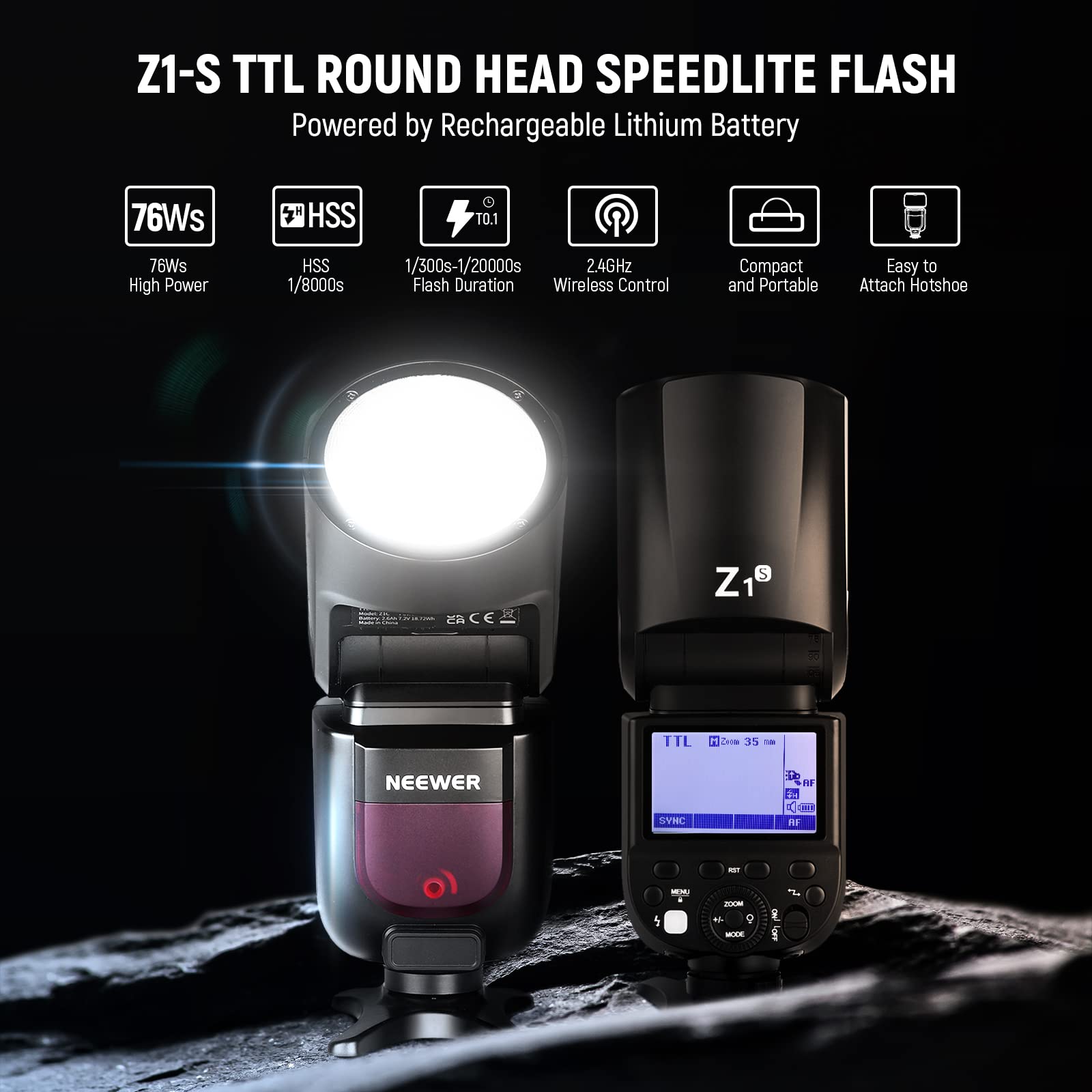 NEEWER Z1-S TTL Round Head Flash Speedlite for Sony Cameras - 76Ws 2.4G Wireless Flash with 1/8000s HSS & 10-Level LED Modeling Light - 480 Full Power Sockets - Perfect for Portrait, Wedding, and Studio Photography
