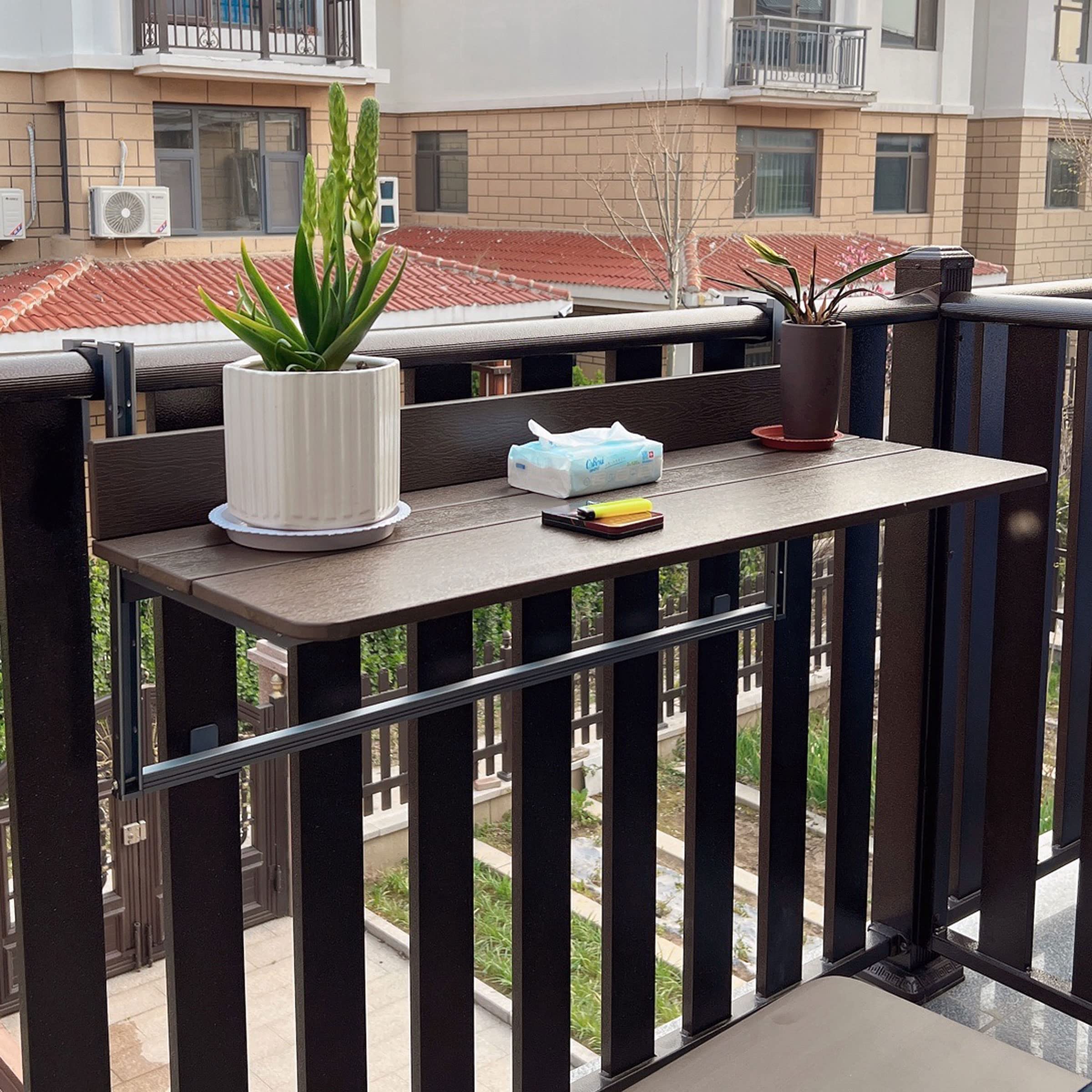 **Adjustable Folding Hanging Balcony Table for Railings - Outdoor Deck & Patio Bar Table for Garden, Balcony, or Small Spaces - Perfect for Drinks, Snacks & Relaxing**