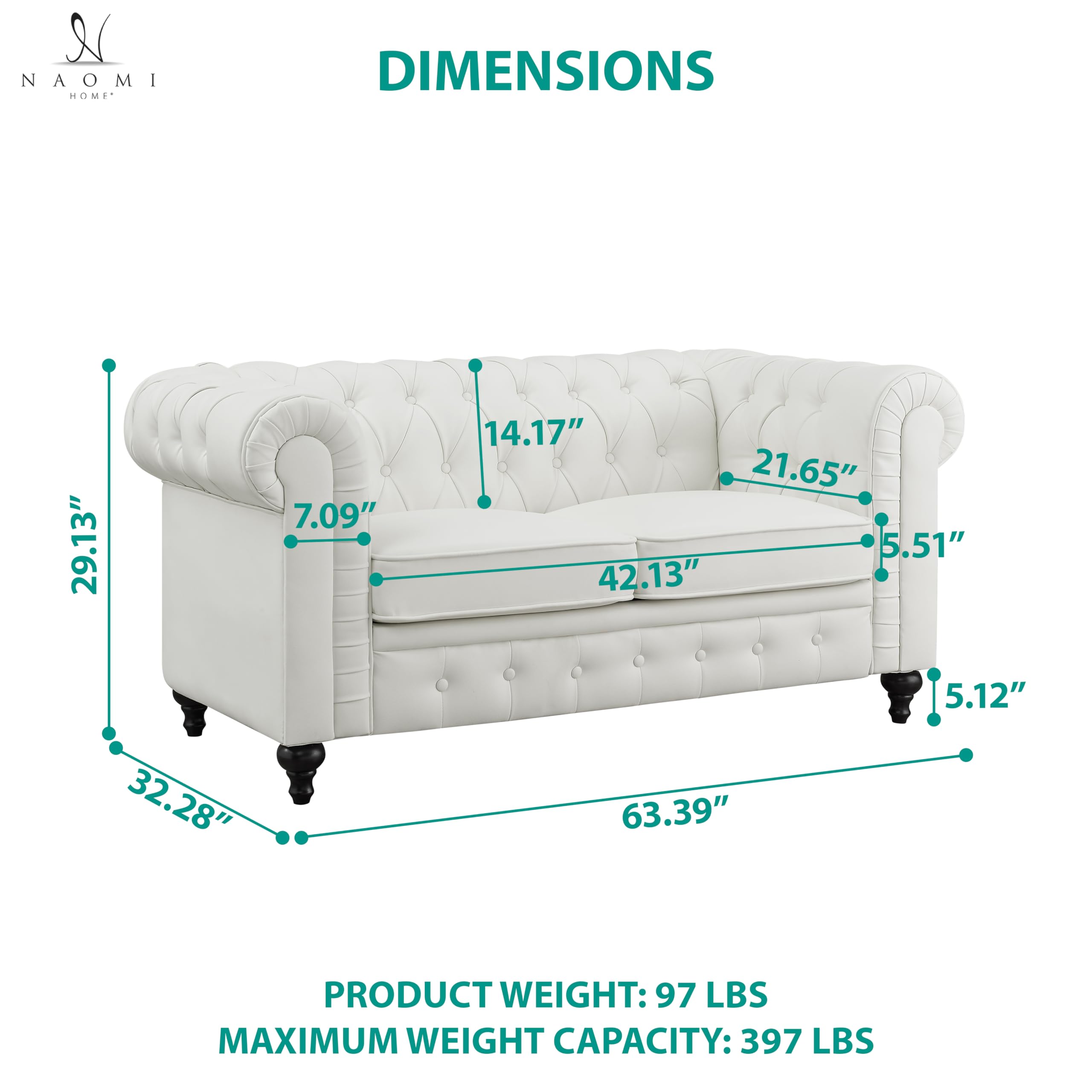 Naomi Home Emery Chesterfield Leather Loveseat - Small 2-Seater Sofa Bed with Tufted Cushions & Rolled Arms | Compact Sleeper Loveseat for Small Spaces | Perfect for Living Rooms, Apartments & Guest Rooms (Off White)