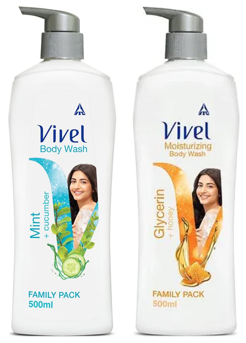 Vivel Moisturizing Body Wash with Glycerin & Honey - 500ml Pump Bottle for Glowing Skin | Refreshing Mint & Cucumber Shower Creme - Hydrating Shower Gel for Dry Skin | Perfect for Daily Use, Spa Days & Gift Sets