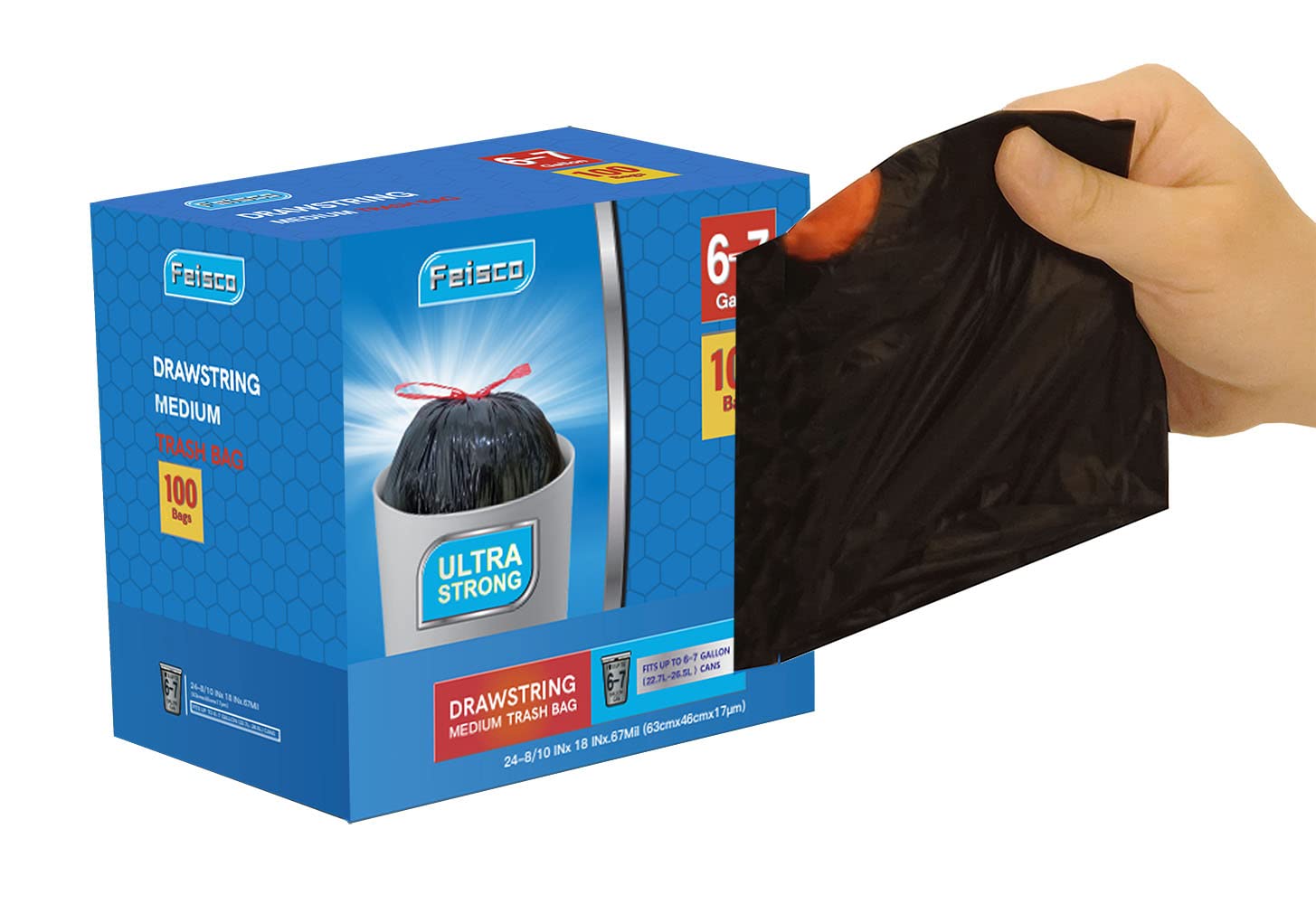 Feisco 6-7 Gallon Black Drawstring Trash Bags - Medium Garbage Can Liners (100 Count, 0.67 Mil Thick) - Perfect for Kitchen, Bathroom & Office Waste Disposal