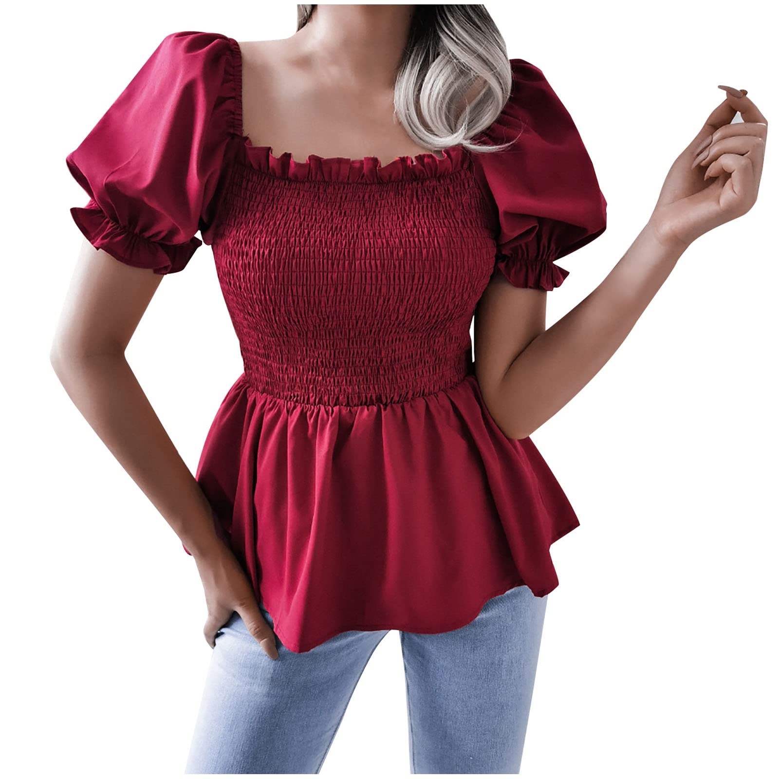 2022 Vintage Casual Women's Blouses - Solid Color Square Neck Short Sleeve Summer Tops | Perfect for Office Wear, Date Nights & Casual Outings