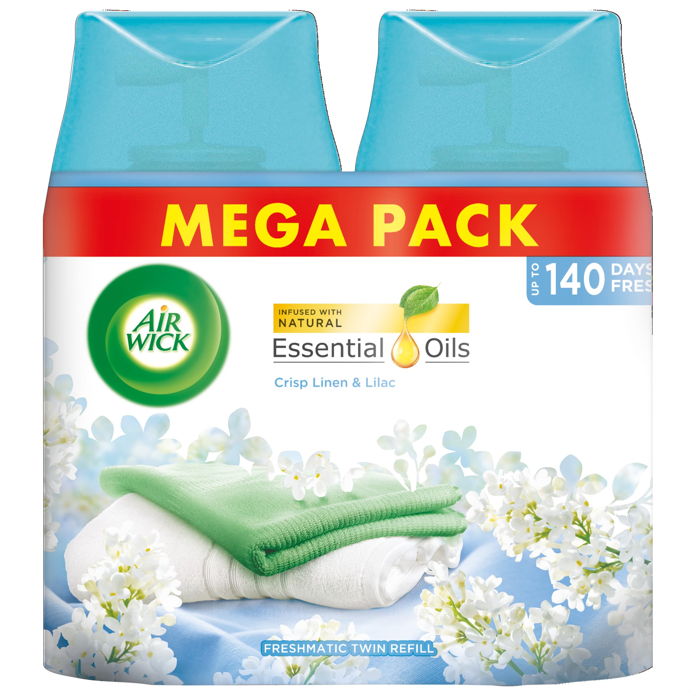 Air Wick Freshmatic Max Air Freshener Twin Refill - Crisp Linen & Lilac Scent (2 x 250ml) | Long-Lasting Fragrance for Home, Office & Bathroom | Eliminates Odors & Freshens Air