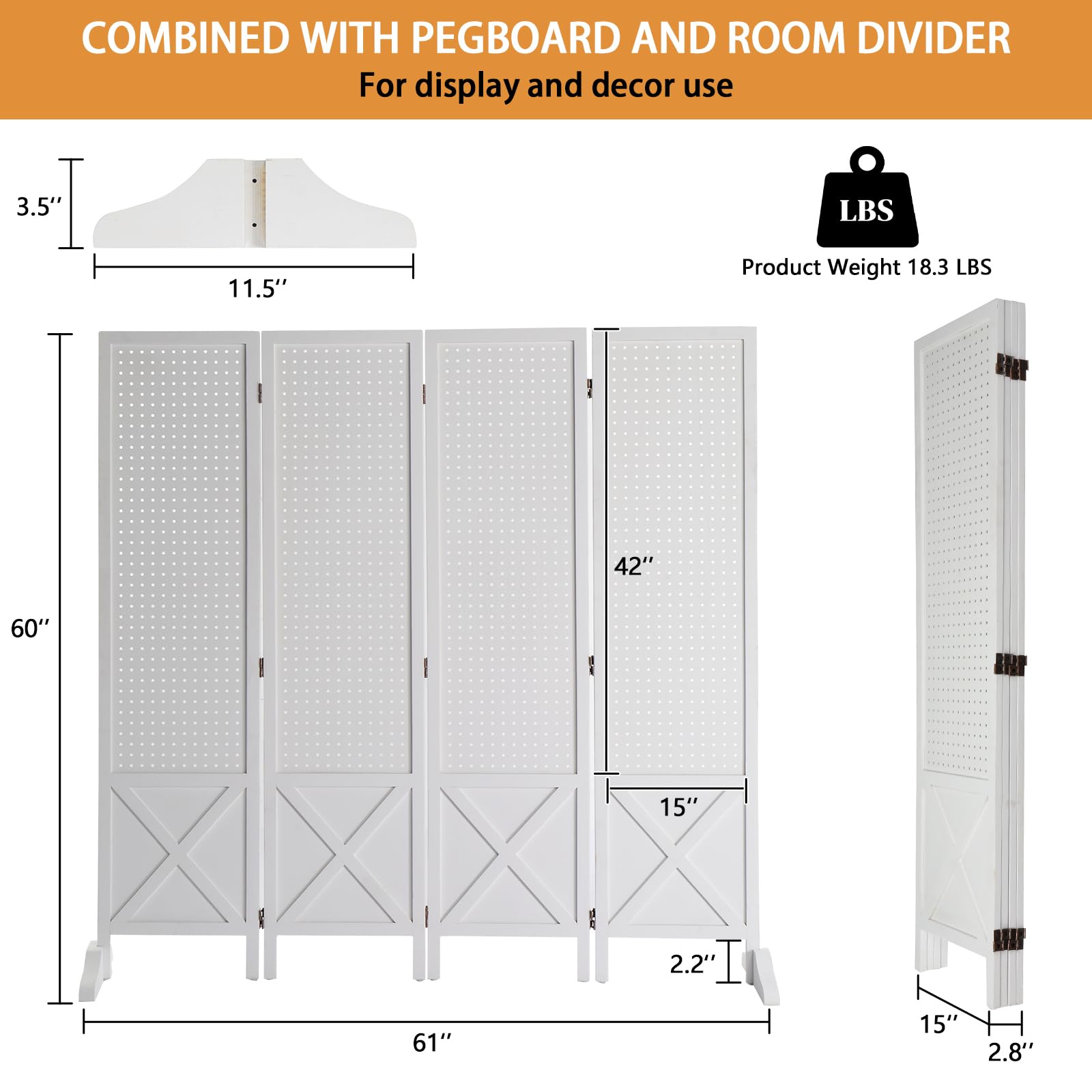 VINGLI 5 FT Freestanding Pegboard Organizer with Support Feet - White 4 Panel Wood Room Divider, Folding Privacy Screen & Display Board for Craft Shows, Retail Stores, Home Office & Event Space Separation