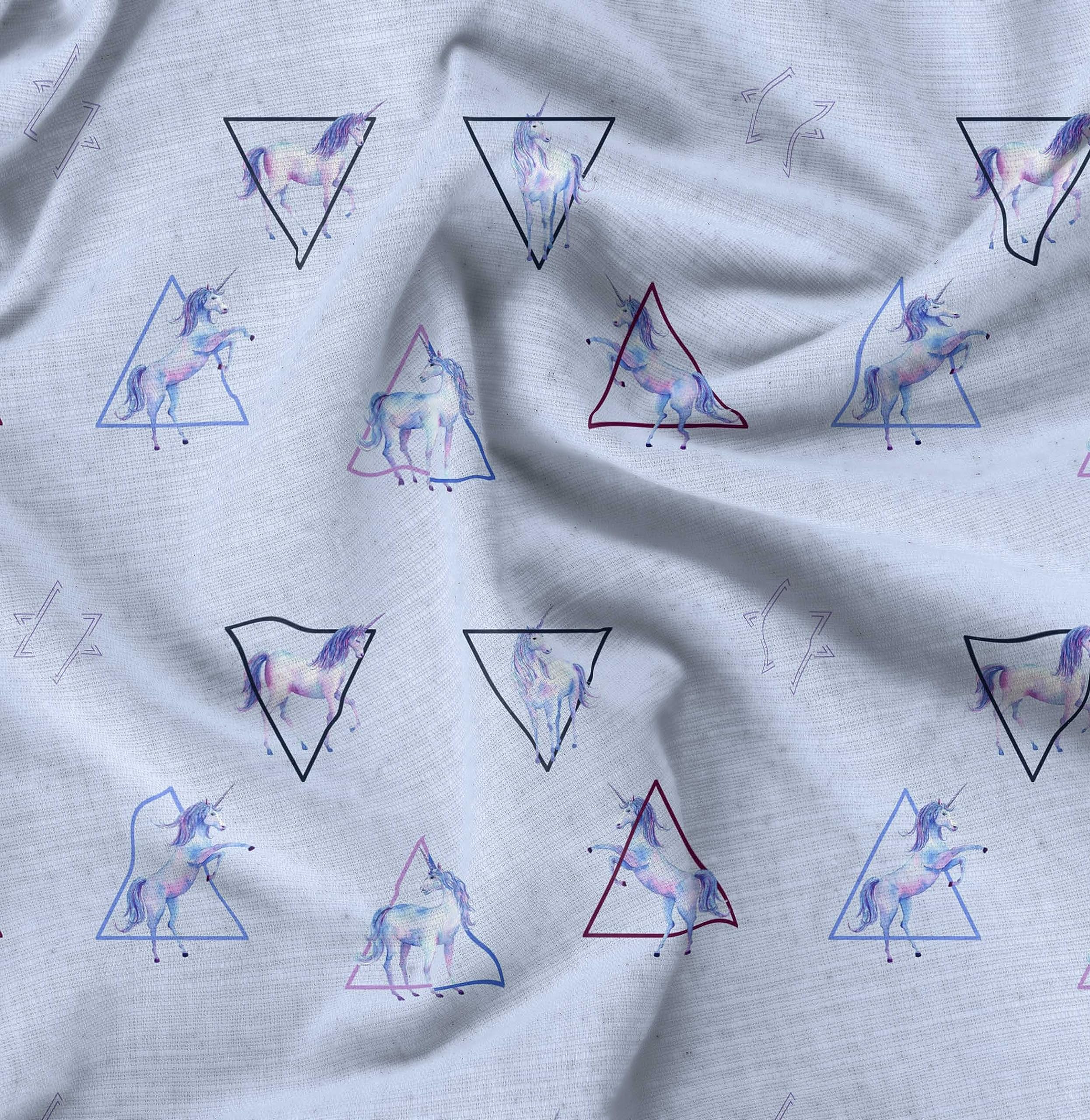 Soimoi Moss Georgette Blue Fabric by The Yard - 42 Inch Wide Geometric Printed Fabric with Unicorn & Triangle Patterns for DIY Crafts, Dressmaking, Home Decor & Quilting - Whimsical Playful Design Material