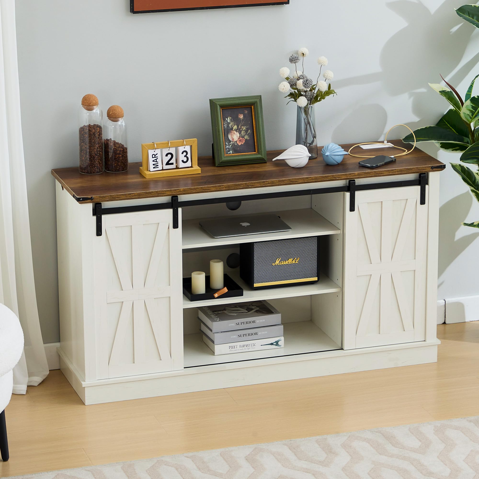 Rustic Farmhouse TV Stand with Power Outlets - Wooden Entertainment Center with Storage Cabinets & Sliding Barn Doors - Media Console for Living Room, Bedroom (White) - Perfect for Home Theater Setup & Cozy Family Movie Nights