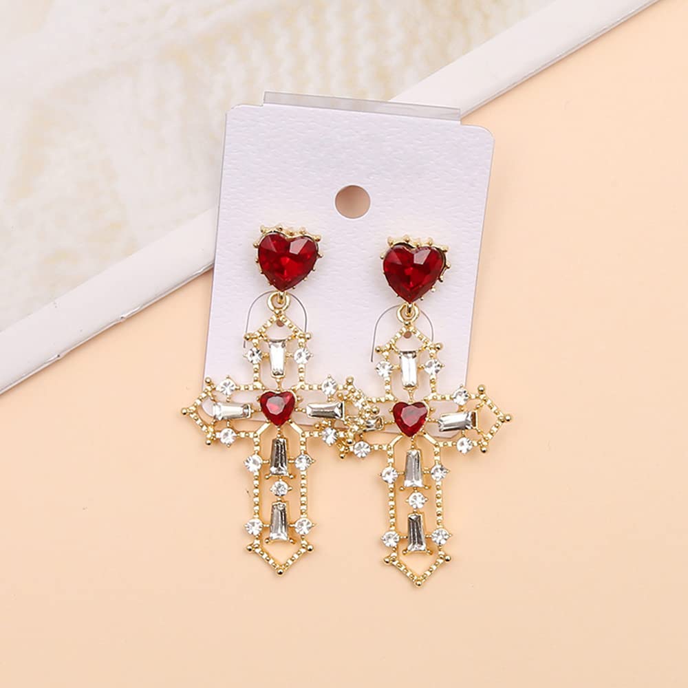 Stylish Gold Cross Red Heart Earrings with Sparkling Crystals - Baroque Hollow Drop Dangle Earrings for Women & Teens - Perfect for Parties, Night Out, and Gift Giving