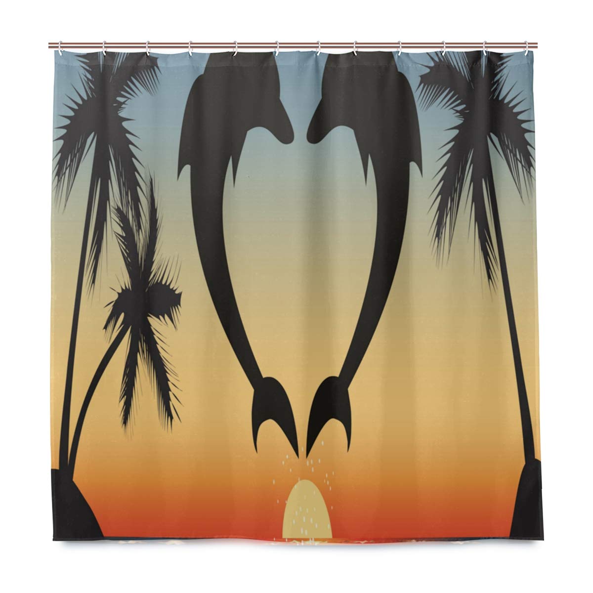 72x72 Inches Sunset Print Shower Curtain with Hooks - Waterproof Bathroom Decor Set Featuring Dolphin Love Design for Coastal & Beach Themed Bathrooms