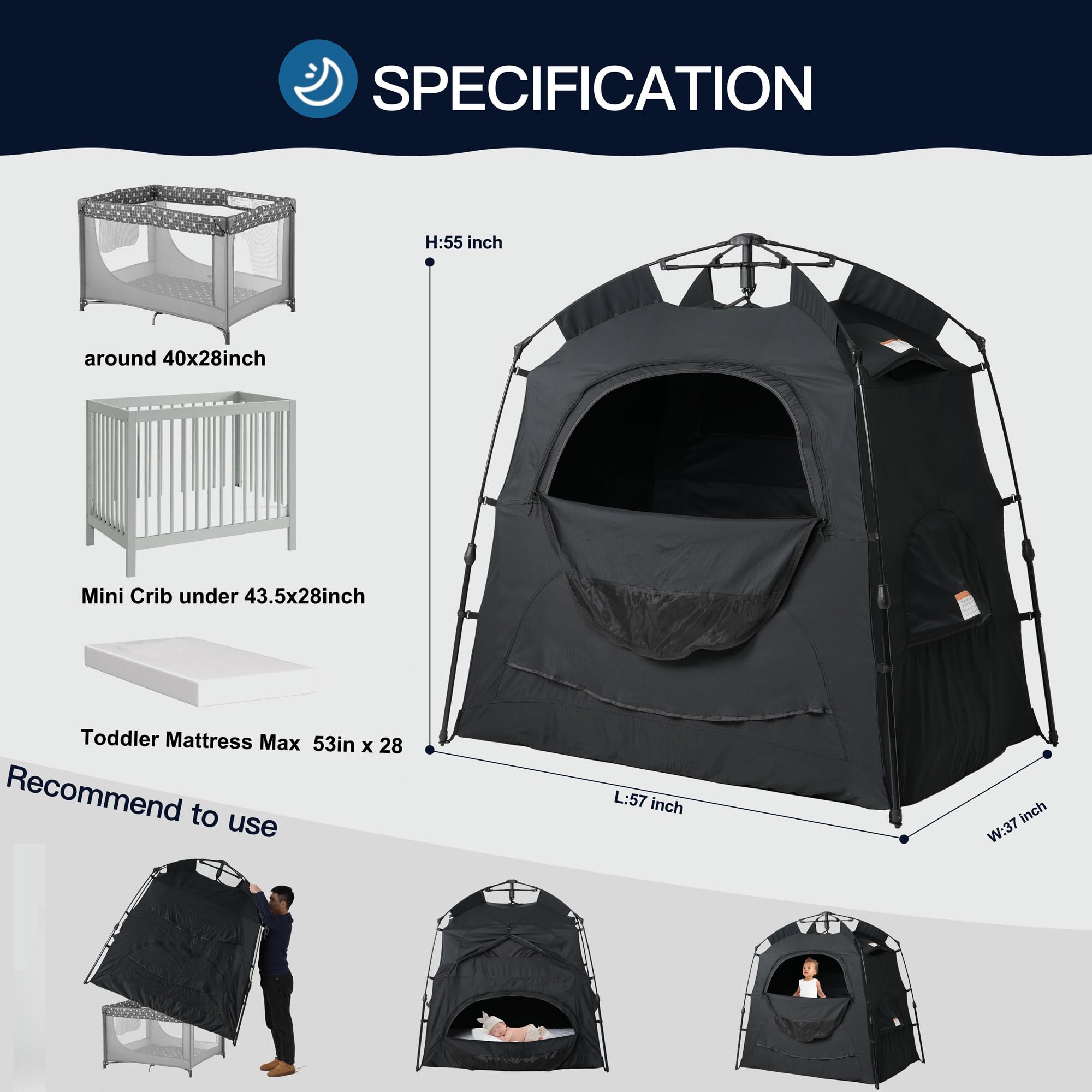 Porayhut Baby Blackout Sleep Tent - 95% Light Blocking Travel Crib Cover for Pack and Play, Portable Sleeping Pod with Breathable Mesh Windows, Monitor & Fan Pockets - Perfect for Toddlers, Kids, Travel, Camping & Nursery Use