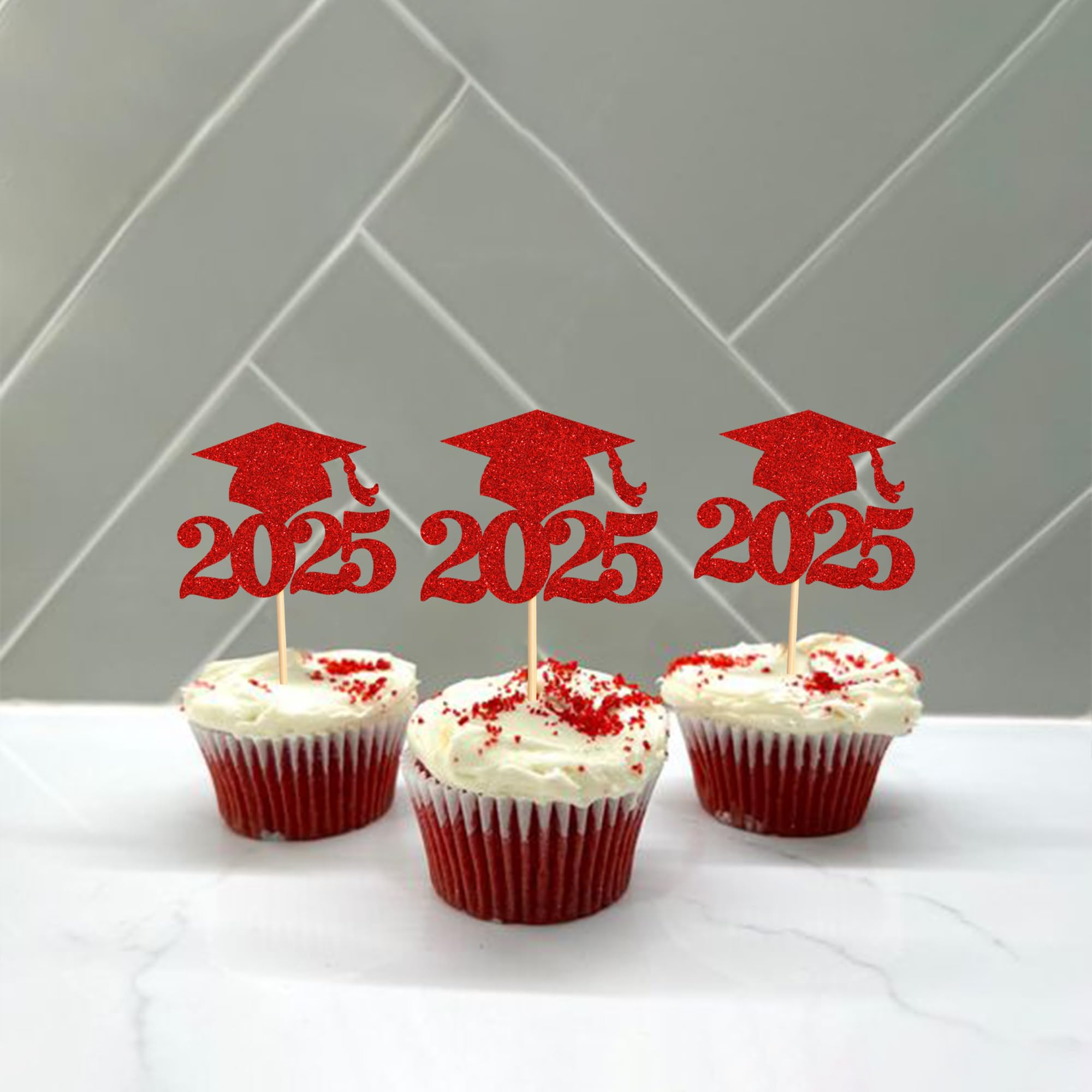 36 Pack 2025 Graduation Cap Cupcake Toppers - Glitter Class of 2025 Decorations for Graduation Party Supplies (Red) - Perfect for Graduation Cakes, Cupcakes, and Dessert Table Decor