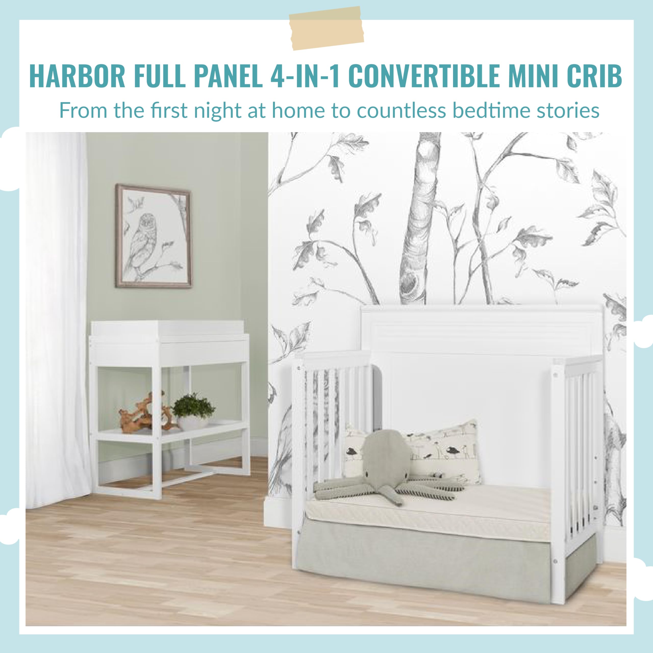 Dream On Me Harbor 4-in-1 Convertible Mini Crib - White Solid Pinewood, Water-Based Paint Finish, JPMA Certified, 3 Adjustable Mattress Heights | Nursery, Small Spaces, Guest Room, Travel & Daycare Use