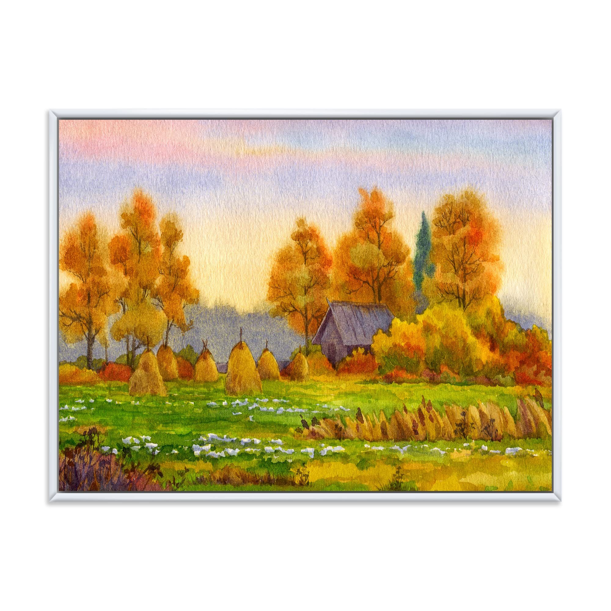 Haystacks on Orange Fields I - Lake House Framed Canvas Wall Art Print for Living Room, Bedroom & Office Decor | Farmhouse Landscape Painting