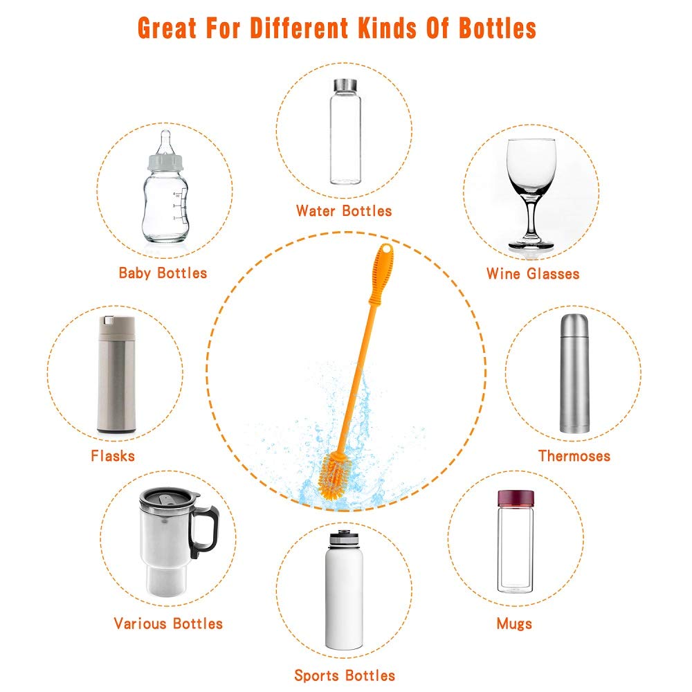 Long Handle Silicone Bottle Brush - Clean Baby, Hydro Flask & Sports Bottles Easily for Home & Travel