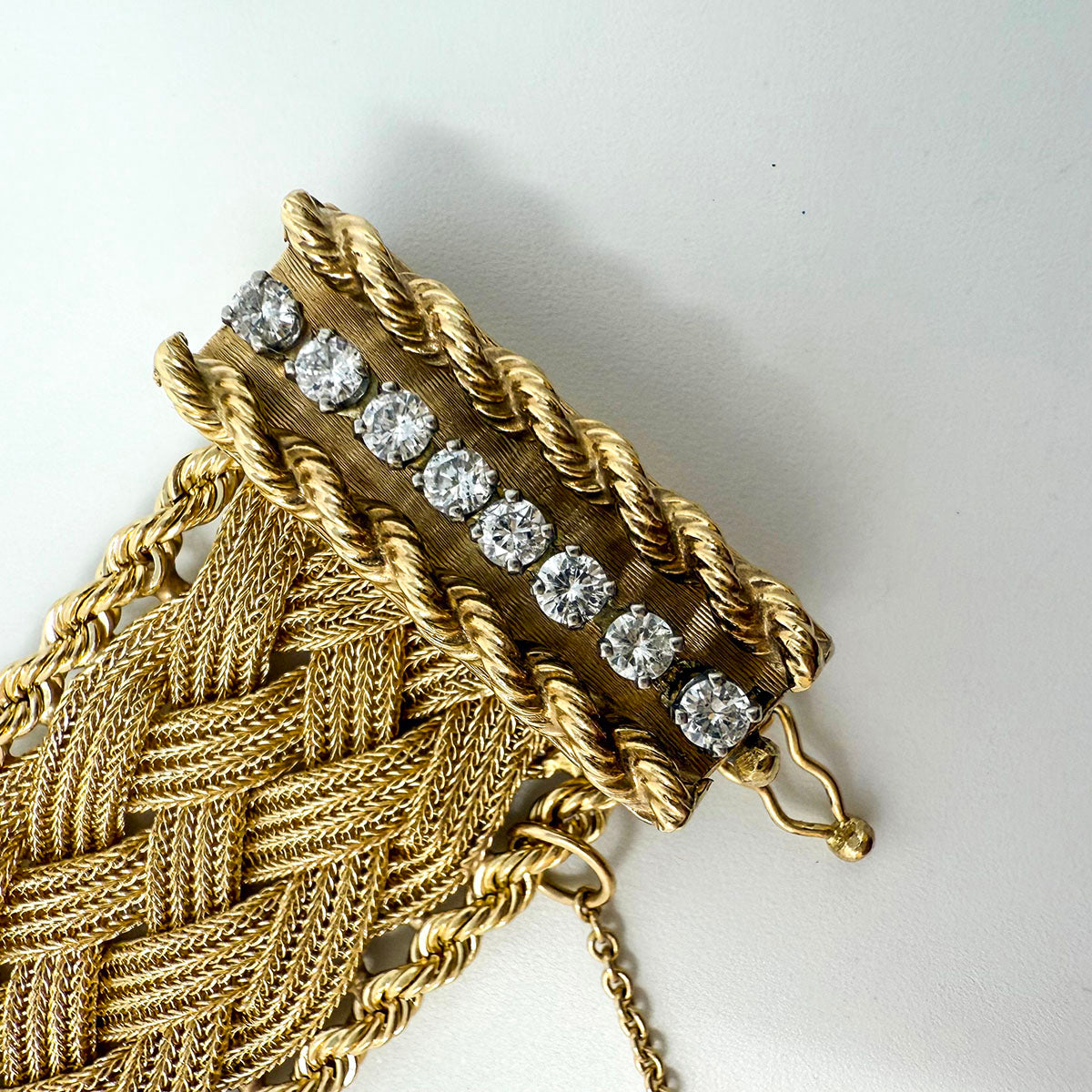 14K Gold Woven Tassel Bracelet with 8 Diamonds at Clasp - Elegant Jewelry for Women, Perfect for Parties, Weddings & Special Occasions