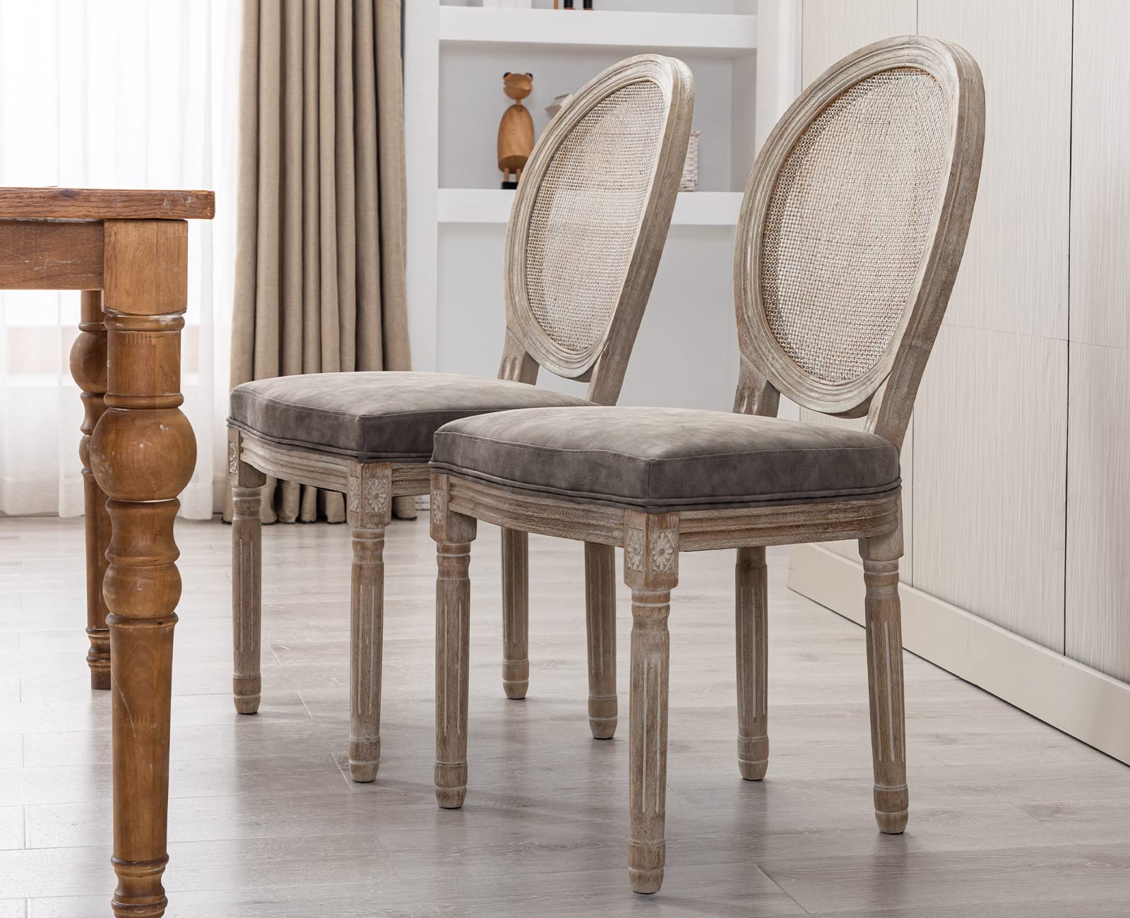 Premium PU Leather Dining Chairs with Rattan Round Back - Set of 2 Grey French Countryside Chairs for Kitchen, Living Room & Farmhouse Decor | Comfortable Seating for Family Meals & Entertaining Guests