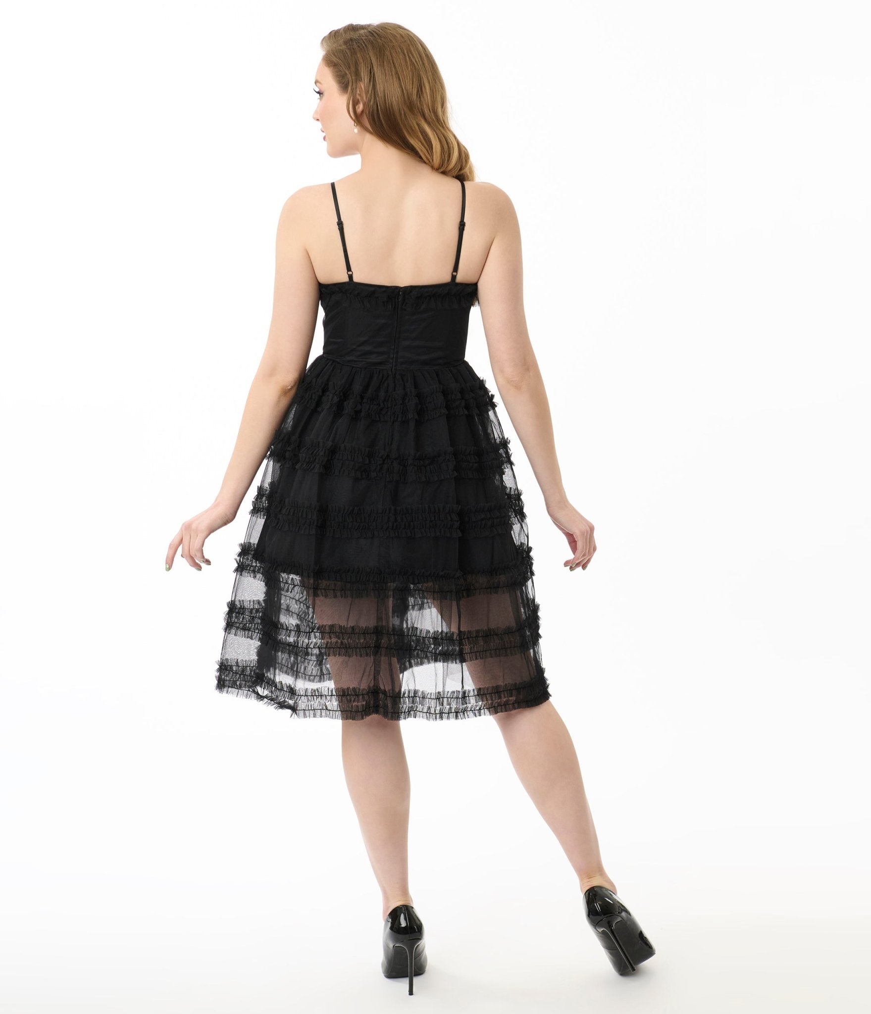 Unique Vintage Black Tiered Sheer Midi Dress for Women | Elegant Lace Flowy Party Dress | Perfect for Cocktail Parties, Date Nights & Special Occasions