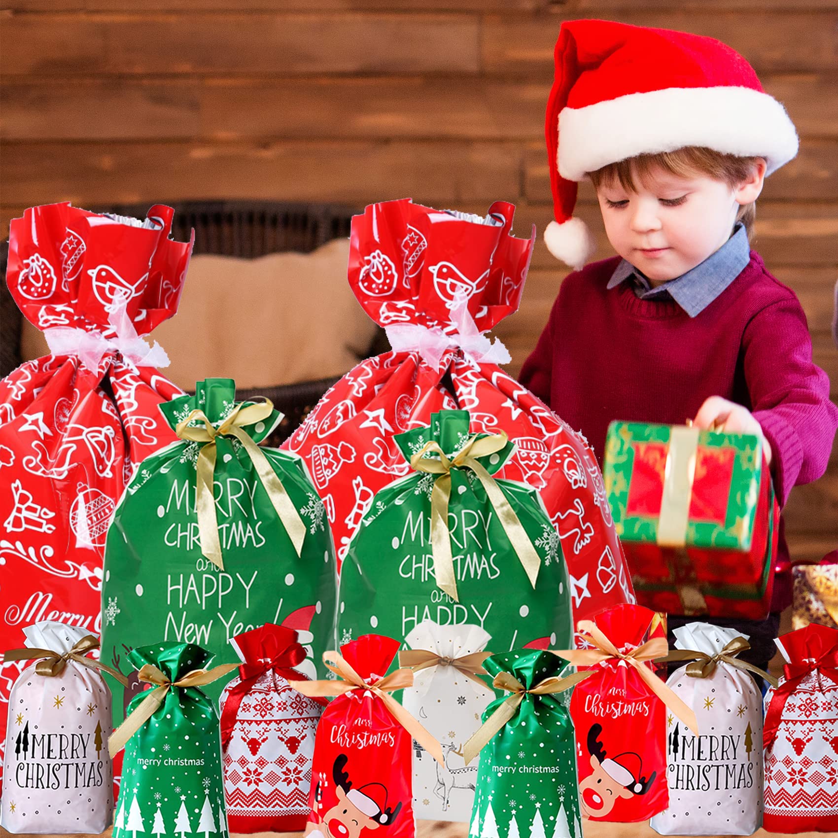 Funnlot Christmas Drawstring Gift Bags - 32 PCS in 7 Styles with Ribbon Ties for Candy, Treats, Party Favors | Perfect for Holiday Gifting, Stocking Stuffers & Christmas Party Decorations