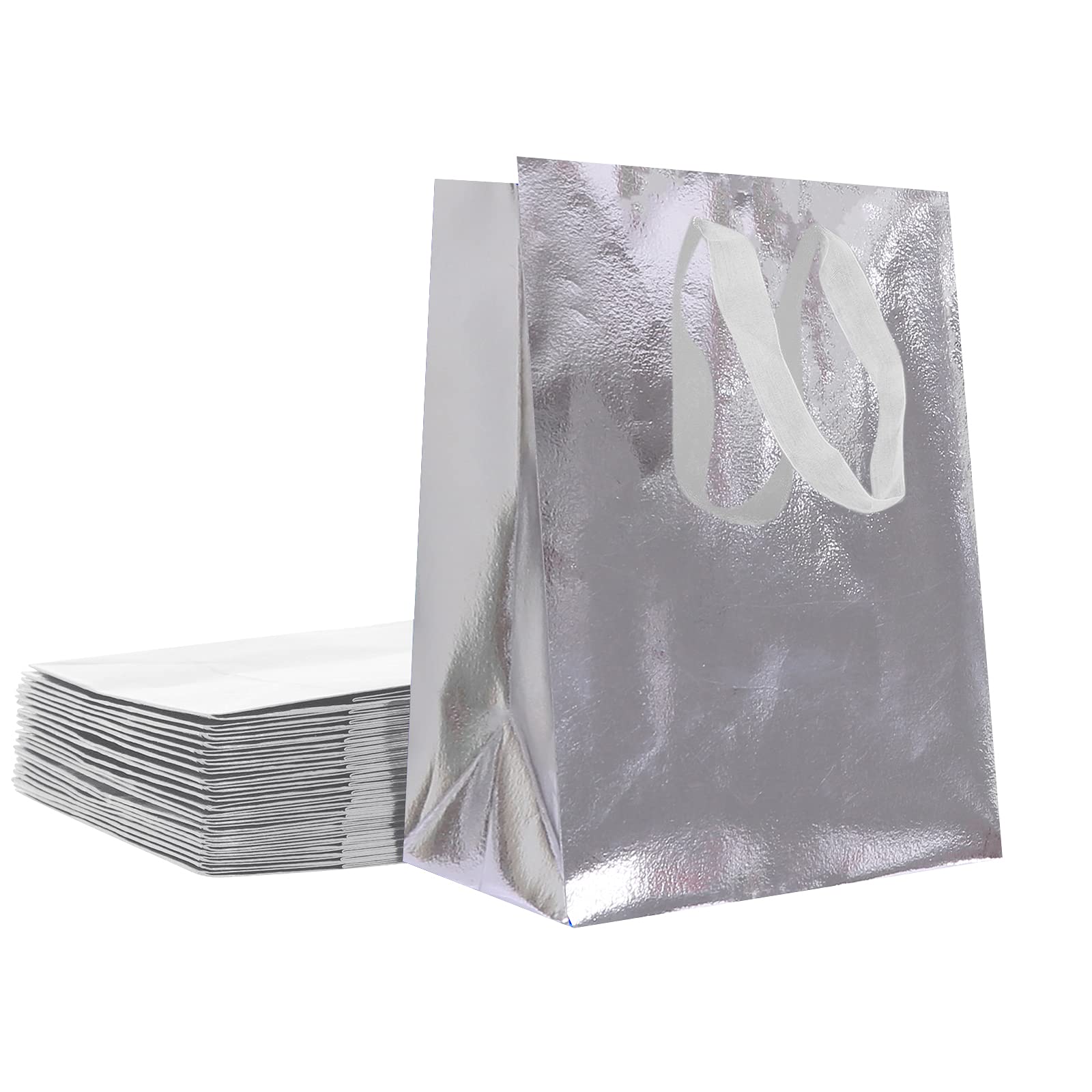 12PCS Small Silver Metallic Gift Bags with Handles - 6x4x2.5 inch Glossy Paper Party Favor Bags for Candy, Birthday, Wedding, Baby Shower & Holiday Celebrations - Bulk Pack of 12 Elegant Mini Gift Bags