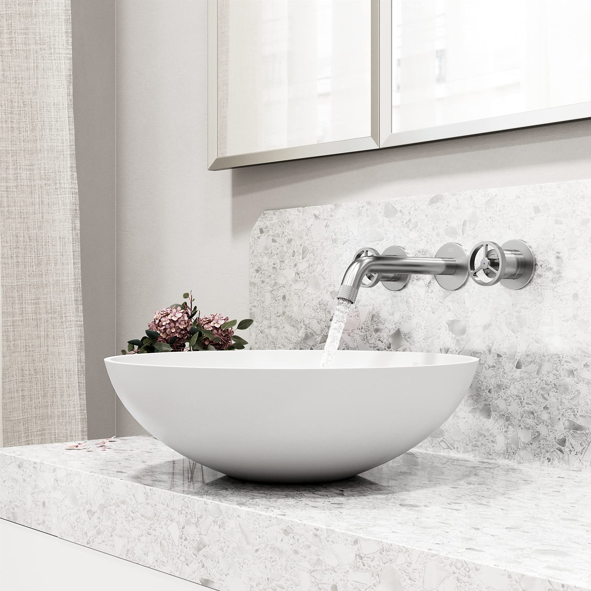 VIGO Cass Brushed Nickel Two Handle Wall Mount Bathroom Faucet - VG05007BN | Modern Bathroom Sink Faucet for Vanity & Powder Room Installation