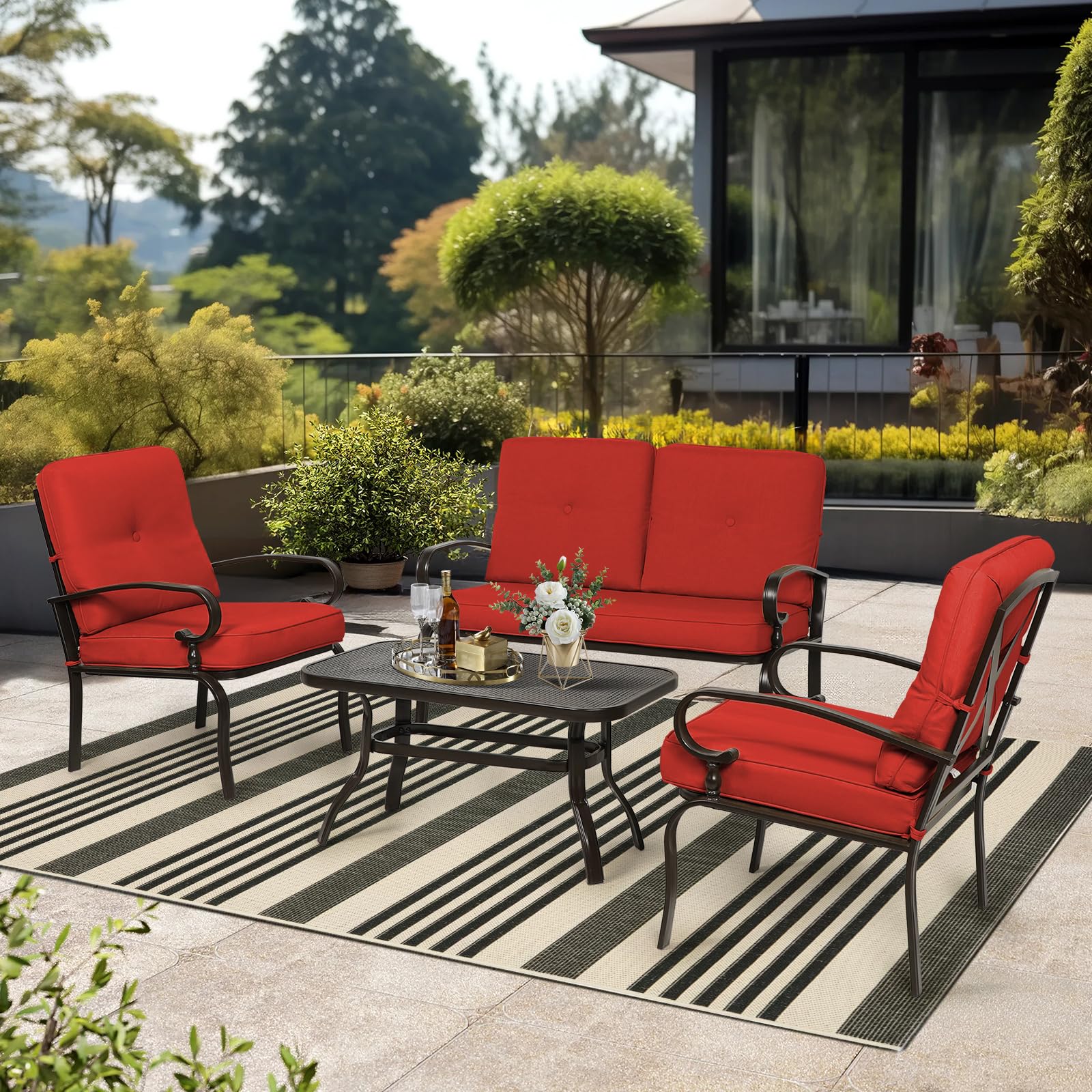 4-Piece Outdoor Metal Patio Furniture Set - Wrought Iron Loveseat, 2 Chairs & Coffee Table with Cushions - Red Conversation Set for Garden, Lawn, Front Porch - Perfect for Relaxing & Entertaining Outdoors