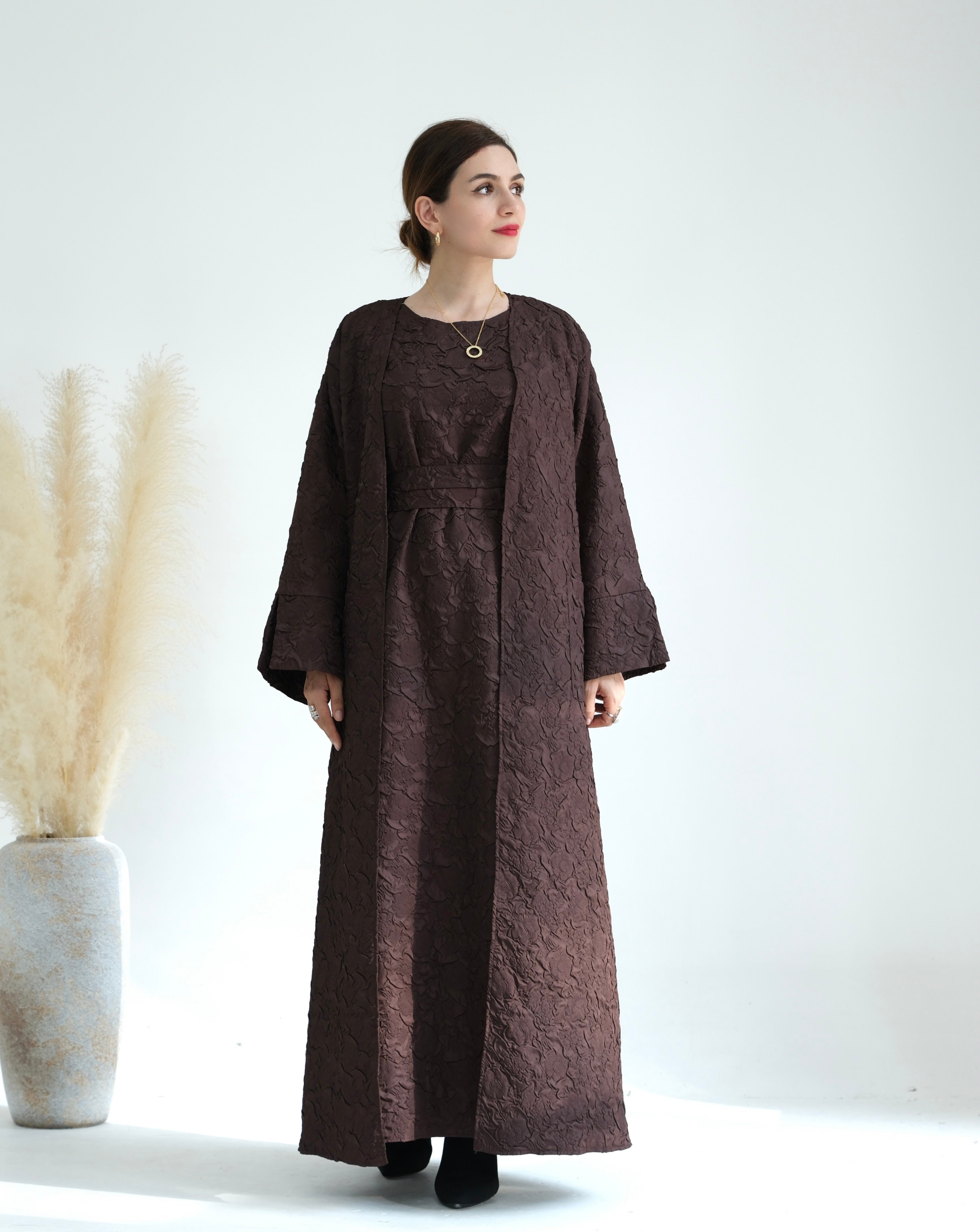 Elegant Eva Textured Abaya Set in Cocoa - Modest Islamic Prayer Dress for Women - Perfect for Eid, Ramadan, and Special Occasions
