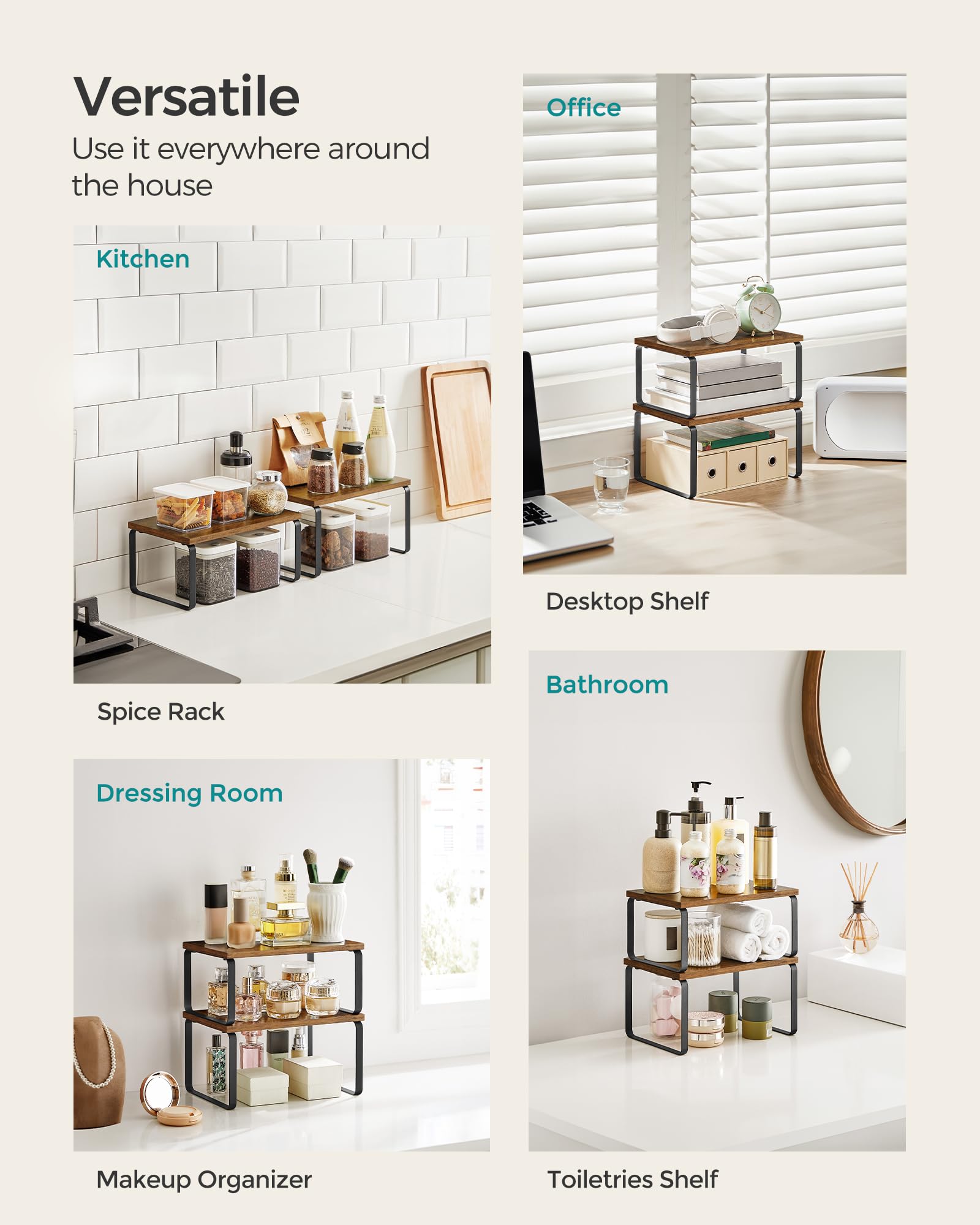 SONGMICS 4-Pack Stackable Expandable Cabinet Organizer Shelf - Metal & Engineered Wood Kitchen Storage for Spices, Utensils | Space-Saving Counter Shelf in Ink Black & Rustic Brown (UKCS021X01) | Perfect for Pantry, Bathroom & Office Organization