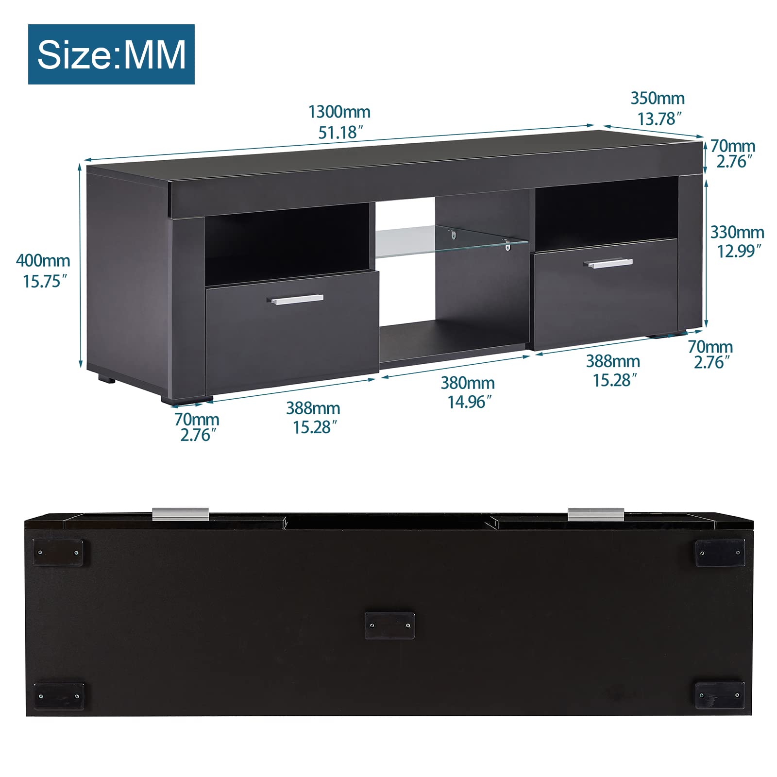 16 Color Changing LED TV Stand with Storage Cabinet - High Glossy Finish Entertainment Center for Living Room (51