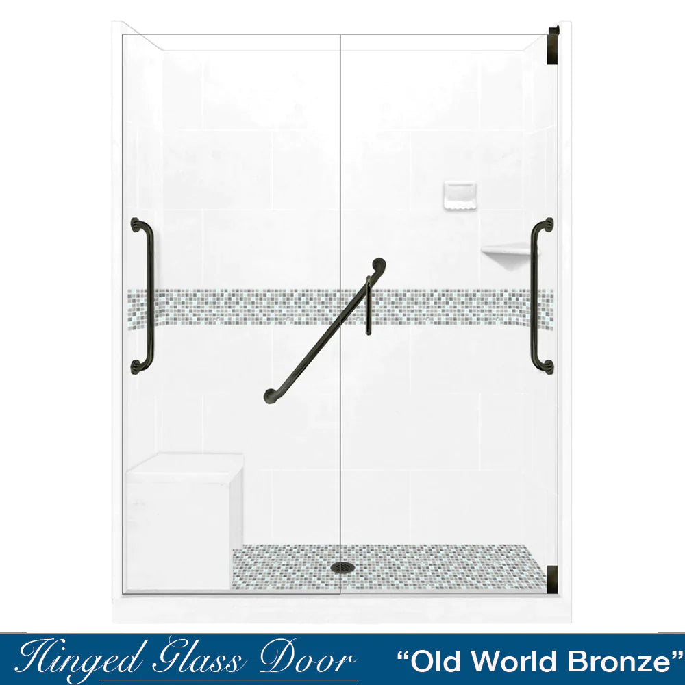 60 Alcove Natural Buff Sistine Stone & Del Mar Mosaic Accent DIY Shower Remodel Kit with Free Shampoo Niche - Bathroom Renovation Tile Set for Shower Walls and Backsplash