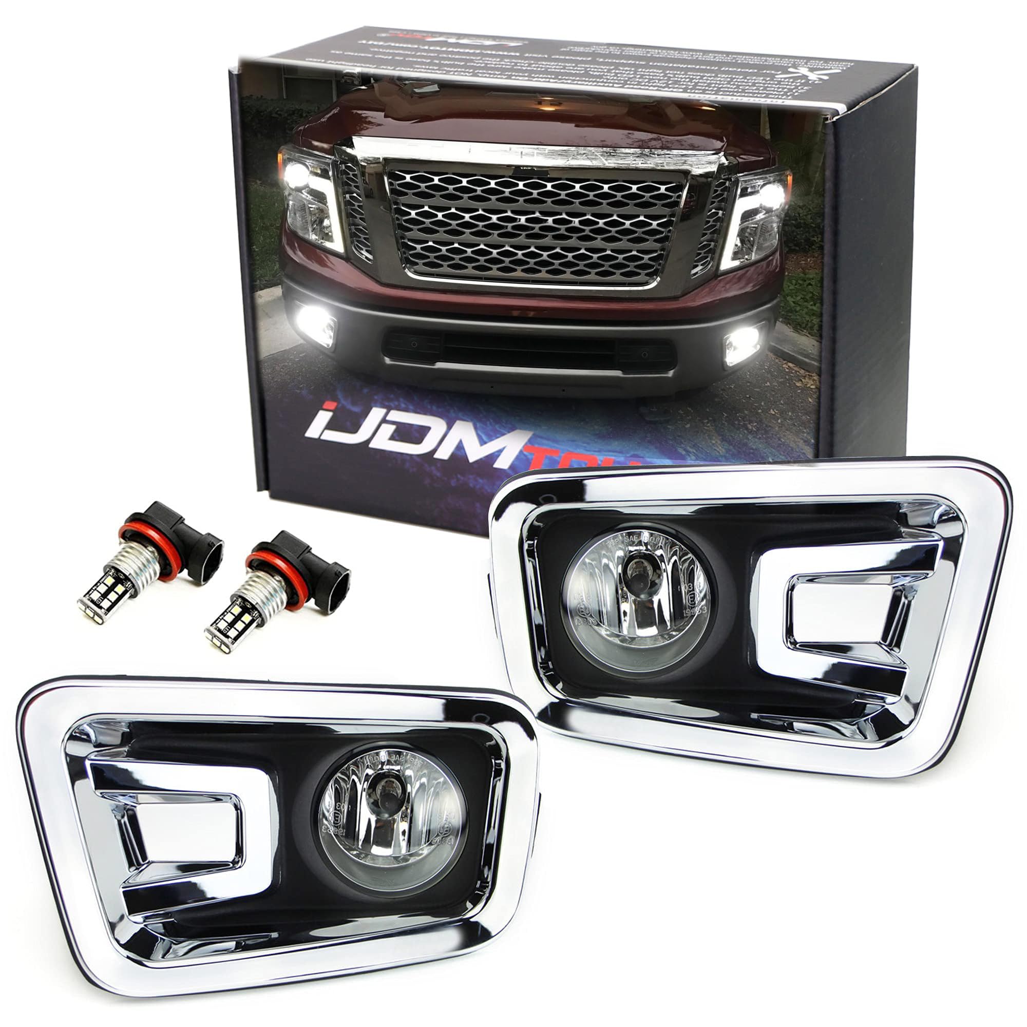 iJDMTOY Clear Lens Fog Lights Kit with Xenon White 15-SMD LED Bulbs - Compatible with 2017-2019 Nissan Titan & Titan XD | Includes Bezel Covers, On/Off Switch & Wiring Relay | Perfect for Night Driving & Off-Road Adventures