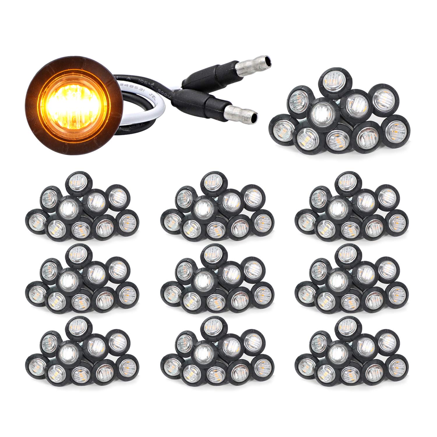 Meerkatt 3/4 Inch Round Mini Side Marker Clearance Lamp - Sealed SMD LED Indicator Lights with Plug (12VDC Waterproof, Clear Lens/Amber Light) - Pack of 100 for Trailers, Trucks, Pickups & ATVs - Perfect for Nighttime Visibility & Safety Lighting