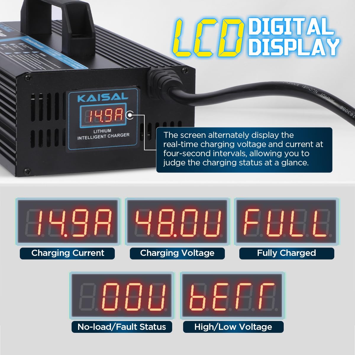 KAISAL 48V/58.4V 15A Lifepo4 Battery Charger - Waterproof IP68 Lithium Golf Cart & Forklift Charger with Removable Plug | Perfect for Golf Carts, Electric Vehicles, and Industrial Equipment