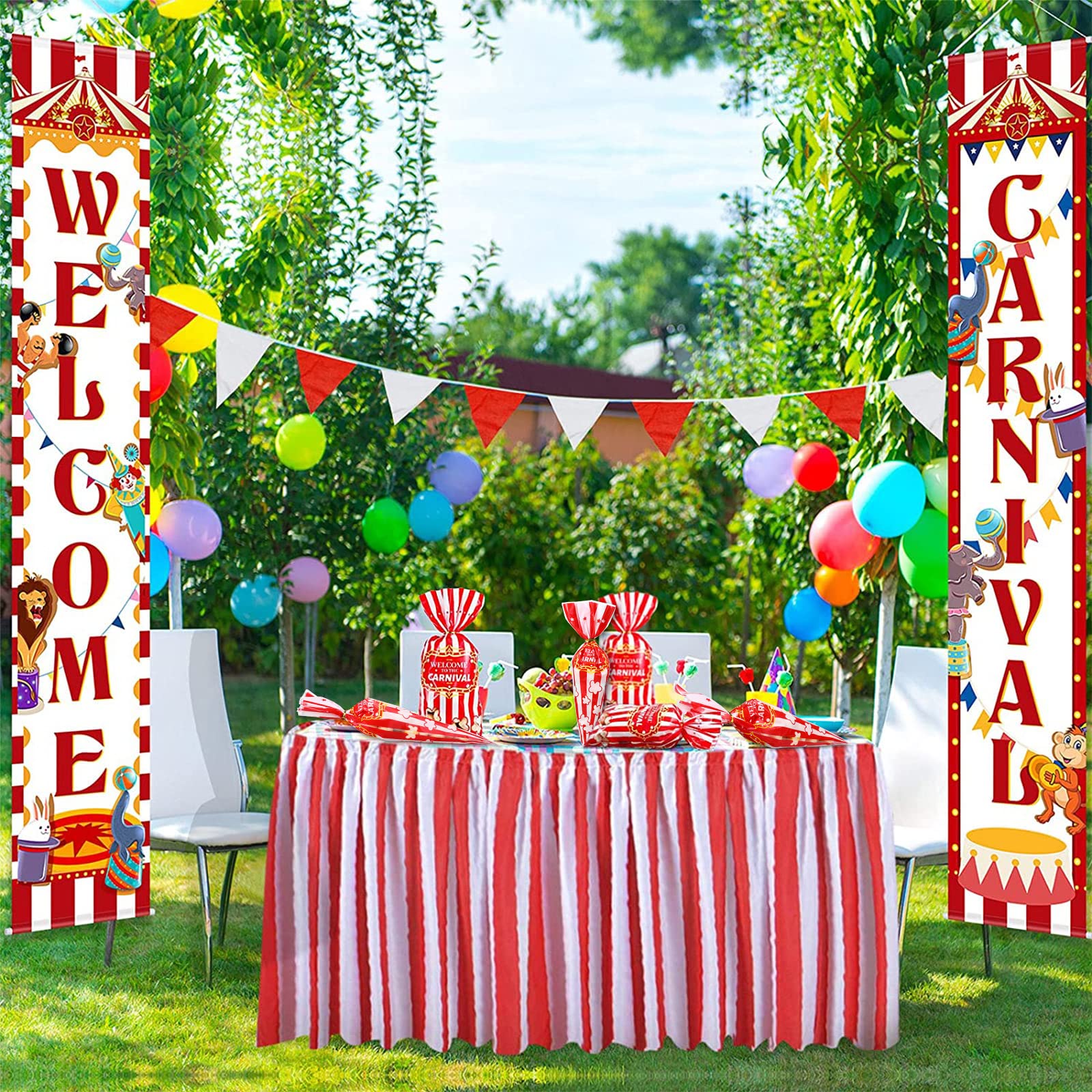 120 Pcs Carnival Party Bags - Red & White Cone Shaped Goody Bags with Gold Twisted Ties for Candy, Popcorn & Party Favors | Perfect for Circus Themed Decorations, Birthday Parties & Carnival Events