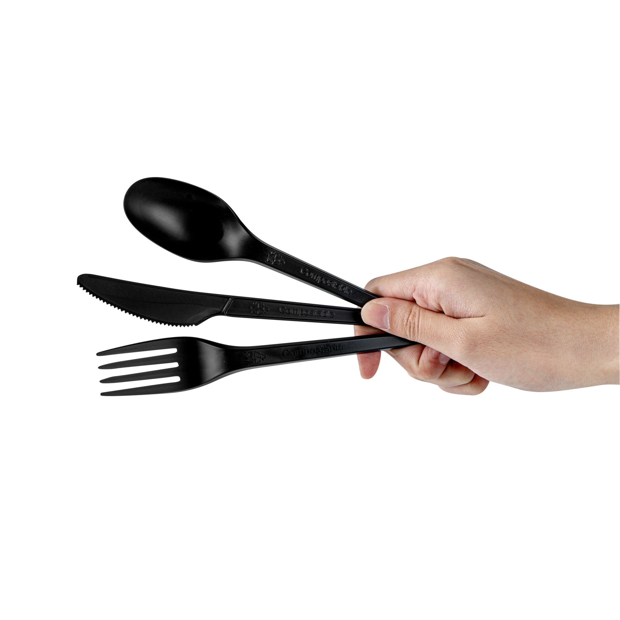 Eco-Friendly Black CPLA Plastic Cutlery Set - 100-Piece Compostable Cutlery with Heat-Resistant Wrapper (6.5