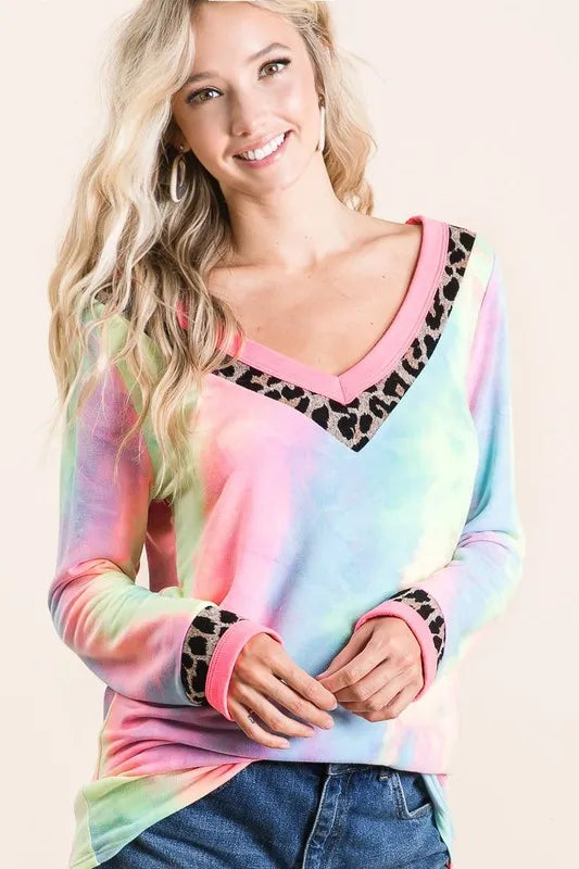 BiBi Tie Dye Terry V Neck Top - Soft Cotton Women's T-Shirt for Casual Wear, Summer Outfits & Beach Vacations