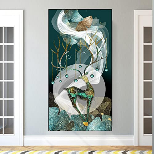 Nordic Abstract Wall Art - Deer & Gold Elk Leaf Canvas Paintings, Frameless Posters & Prints for Living Room, Home Decor (20x40cm) | Perfect for Modern, Scandinavian & Bohemian Interior Design