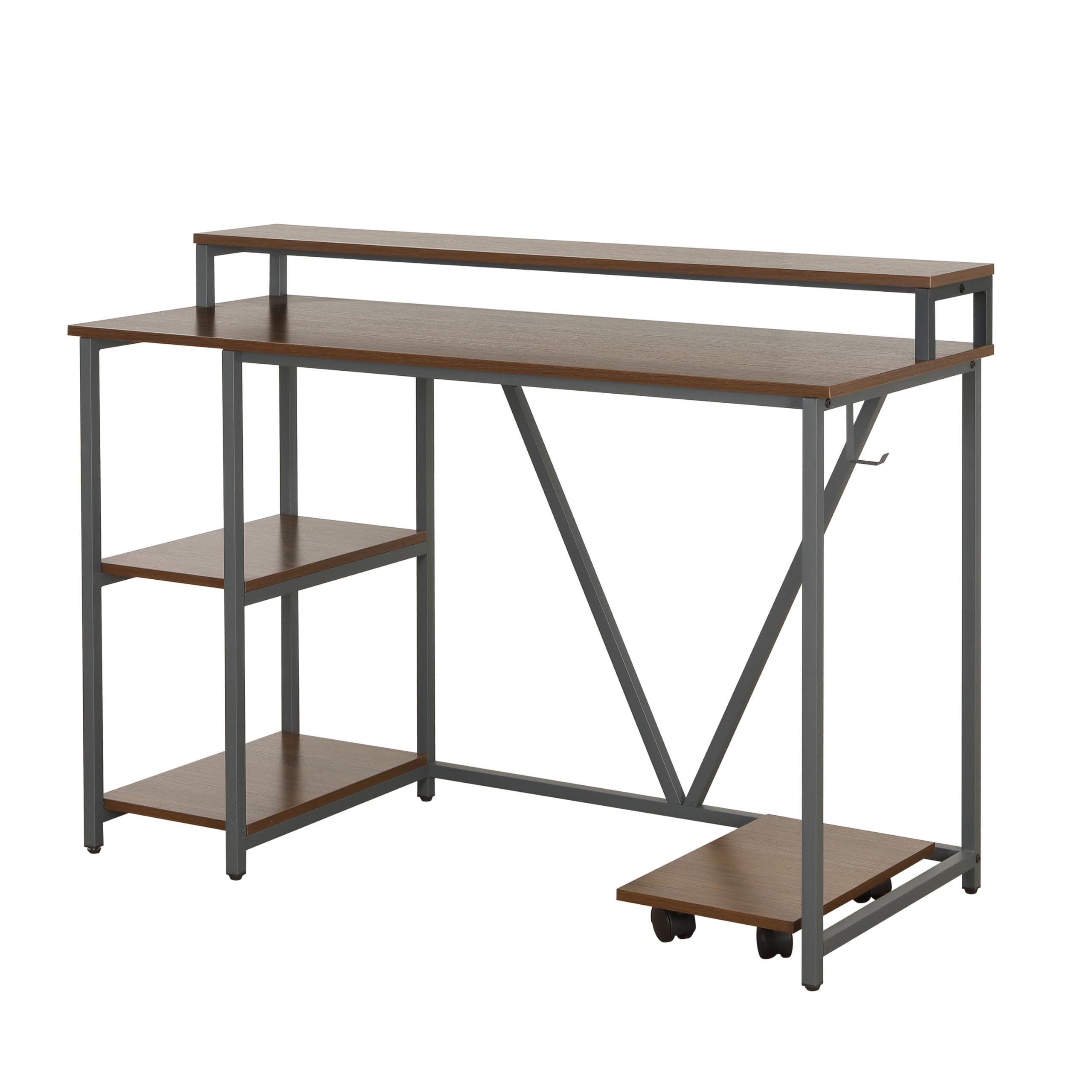 Techni Mobili Industrial Walnut Computer Desk with Storage Shelves, Monitor Stand, CPU Caddy & 2-Tier Bookshelf - Perfect Home Office Laptop Table for Small Spaces & Modern Workstations