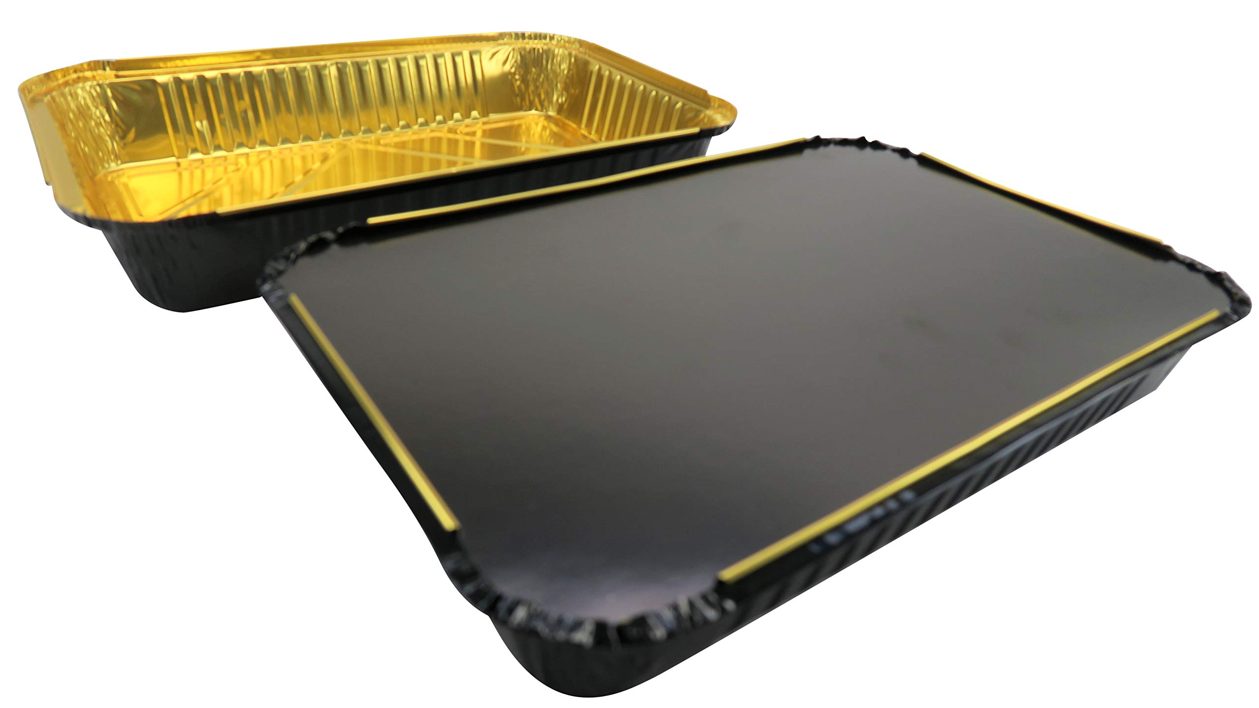 KitchenDance 4-Pound Disposable Aluminum Foil Baking Pans with Lid - 100-Pack Black & Gold Oblong Pans for Home & Restaurant Use - Perfect for Baking Cakes, Casseroles, and Meal Prep | Heavy-Duty & Leak-Proof for Parties, Catering & Holiday Cooking