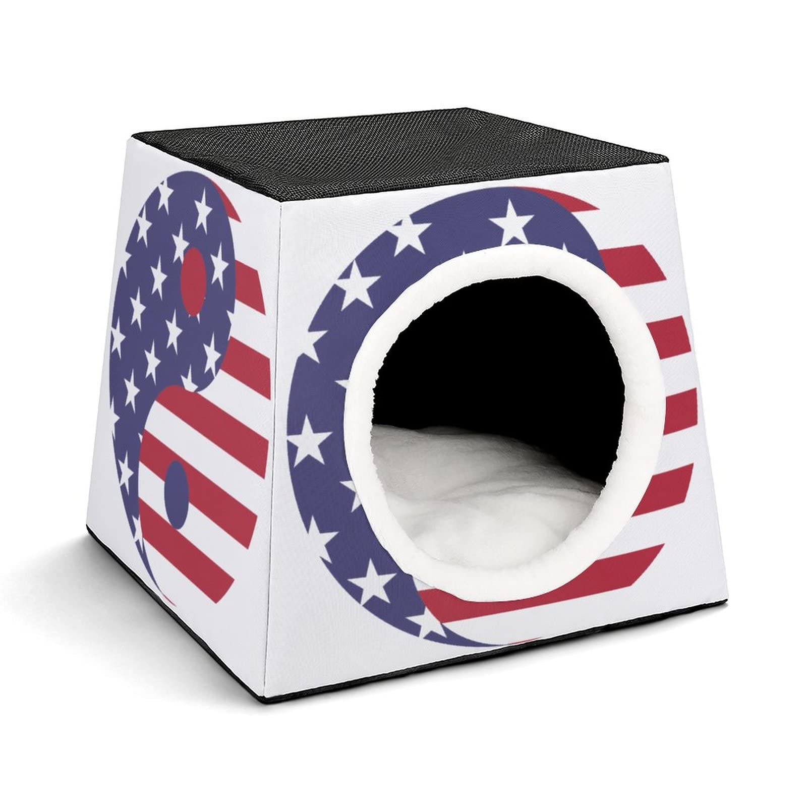 Printed Cat Cube Kitty House - Indoor Cat Bed & Small Dog Shelter - Warm & Cozy Pet Sofa with USA Flag & Tai Chi Design - Perfect for Home, Apartment & Office Pet Comfort