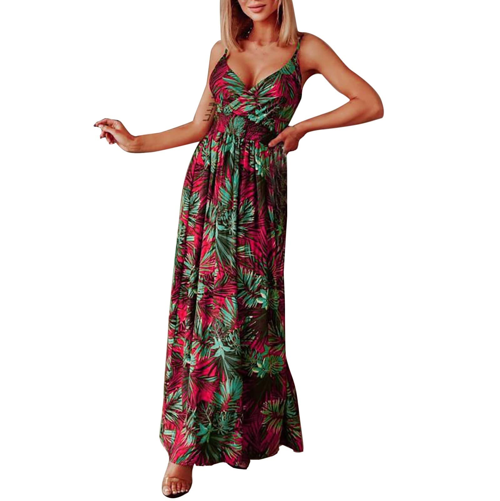 Women's Floral Summer Dress - Casual Spaghetti Strap Sleeveless V-Neck Swing Dress for Beach, Vacation & Outdoor Activities
