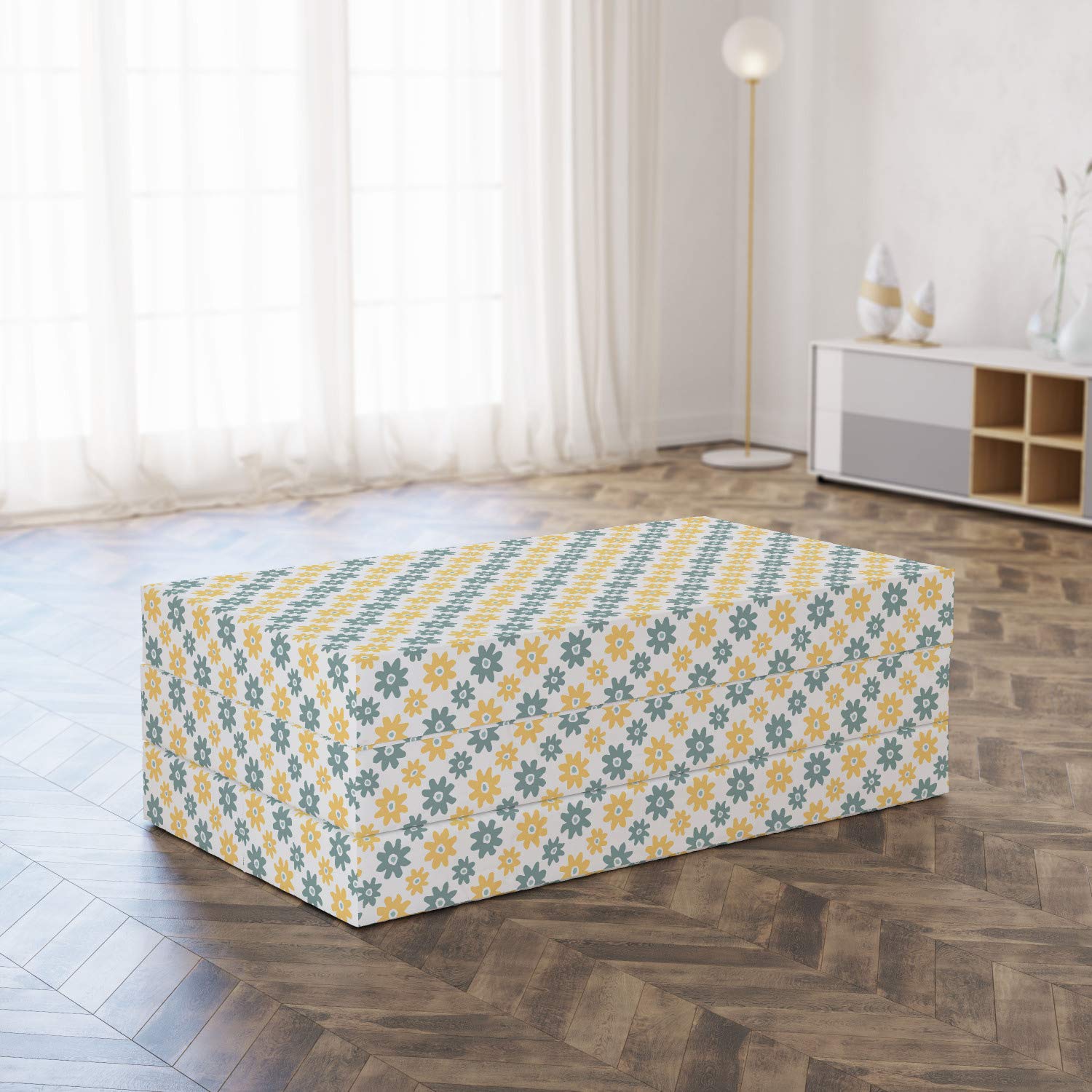Ambesonne Garden Foldable Mattress - Retro Daisy Pattern Outdoor Camping Mattress for Picnics, Travel & Guest Bed